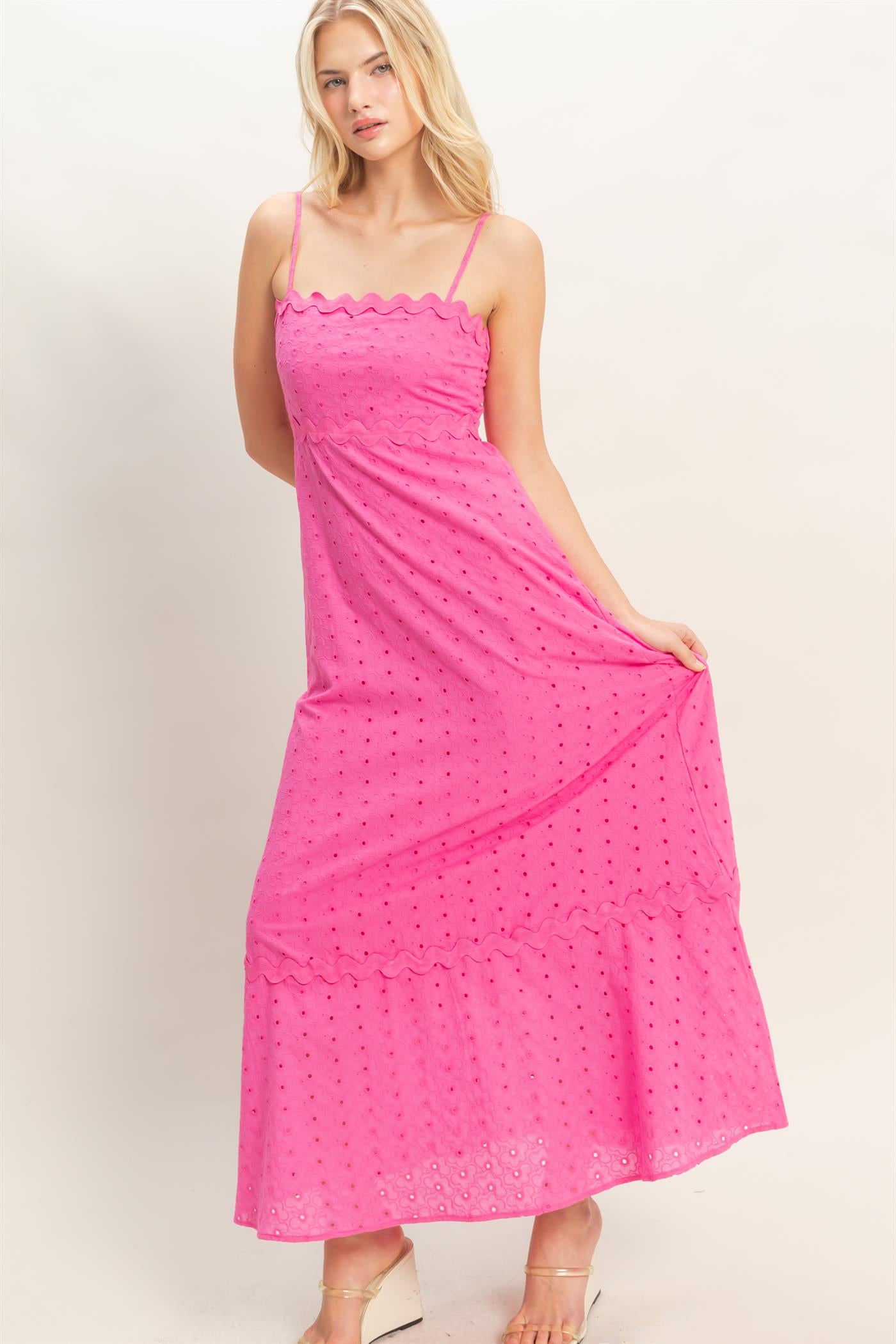 Wholesale Scallop Trim Eyelet Midi Dress Dresses HF26A694 MAGENTA HYFVE