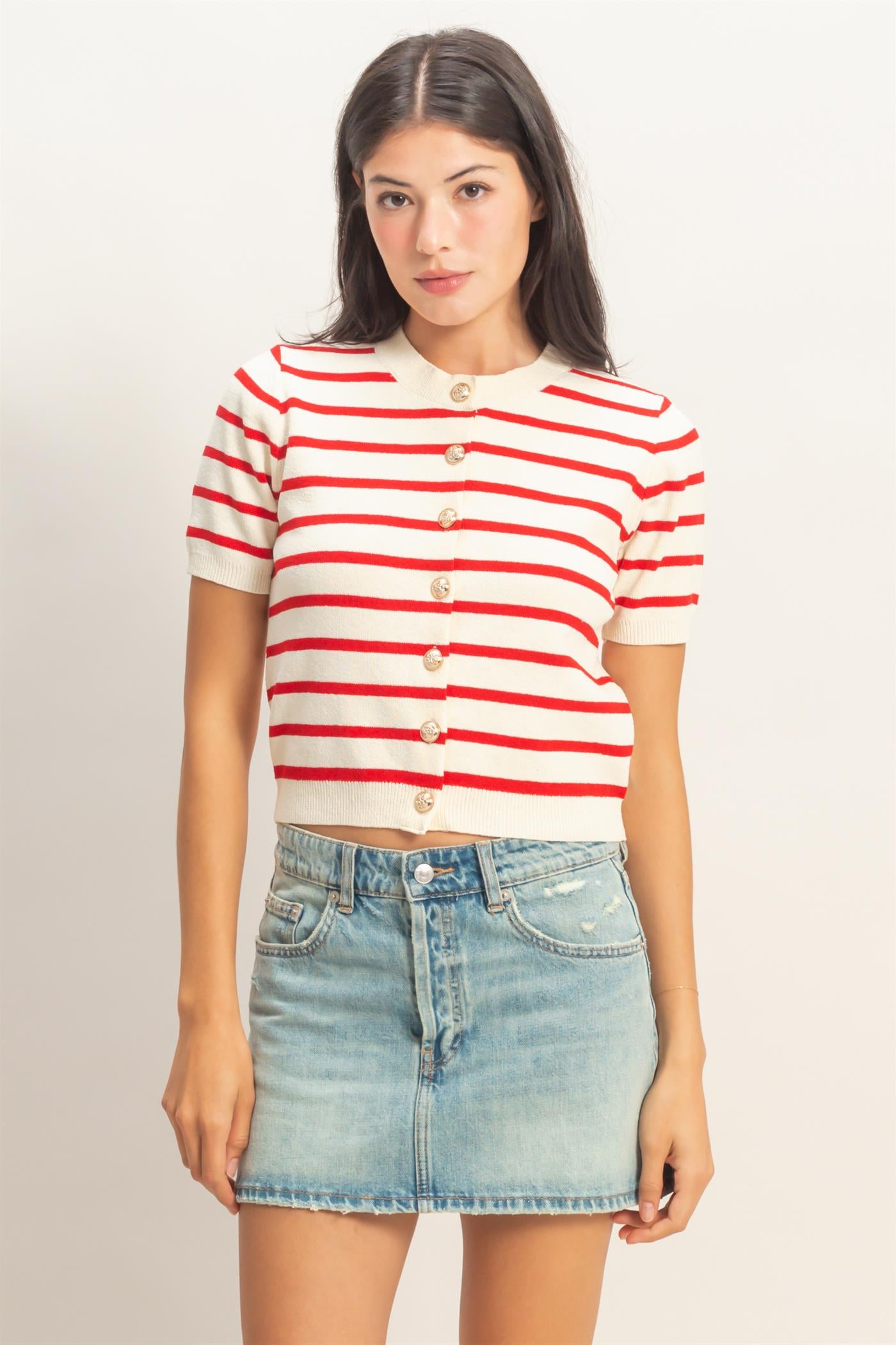 Wholesale Striped Short Sleeve Button Up Cardigan Cardigans DZ26A604 RED DOUBLE ZERO
