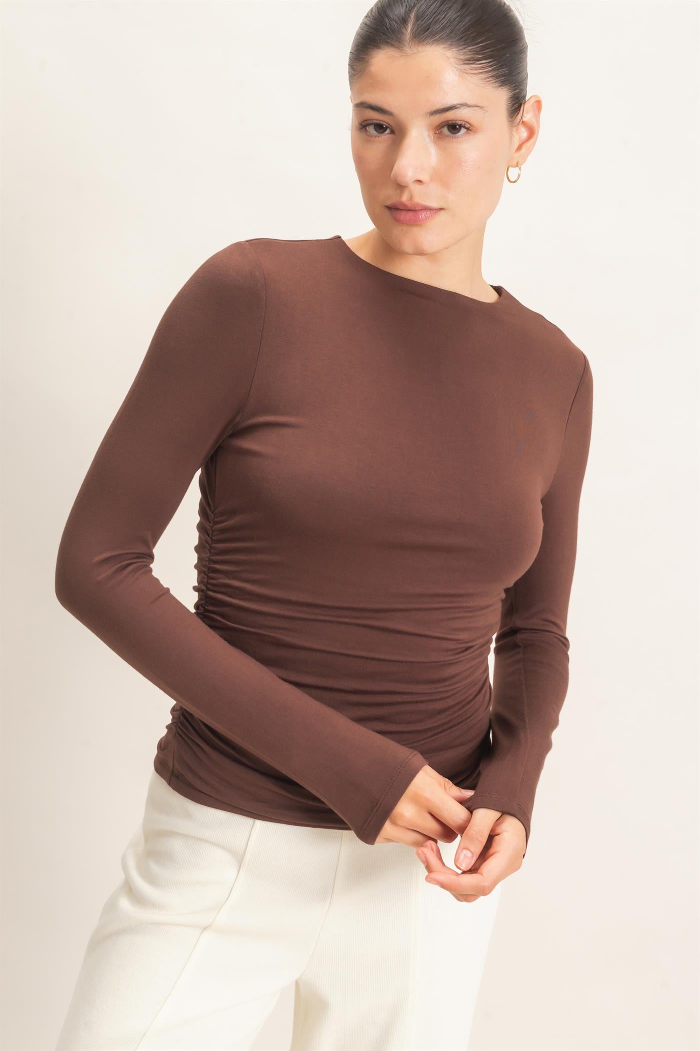 Wholesale Ruched Long Sleeve Top Clothing Tops HF26E776 ESPRESSO HYFVE