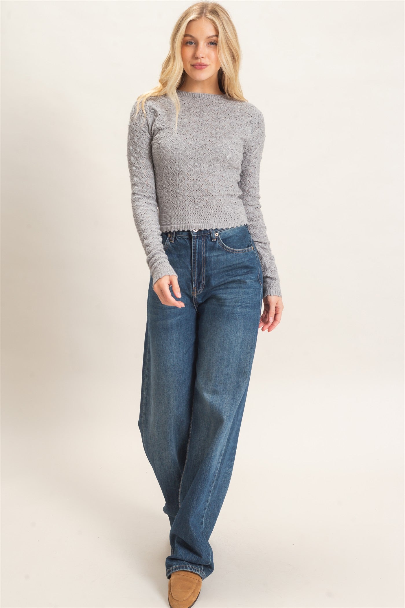 Wholesale Crochet Scalloped Hem Sweater Sweaters HF26F195 HEATHER GRAY HYFVE
