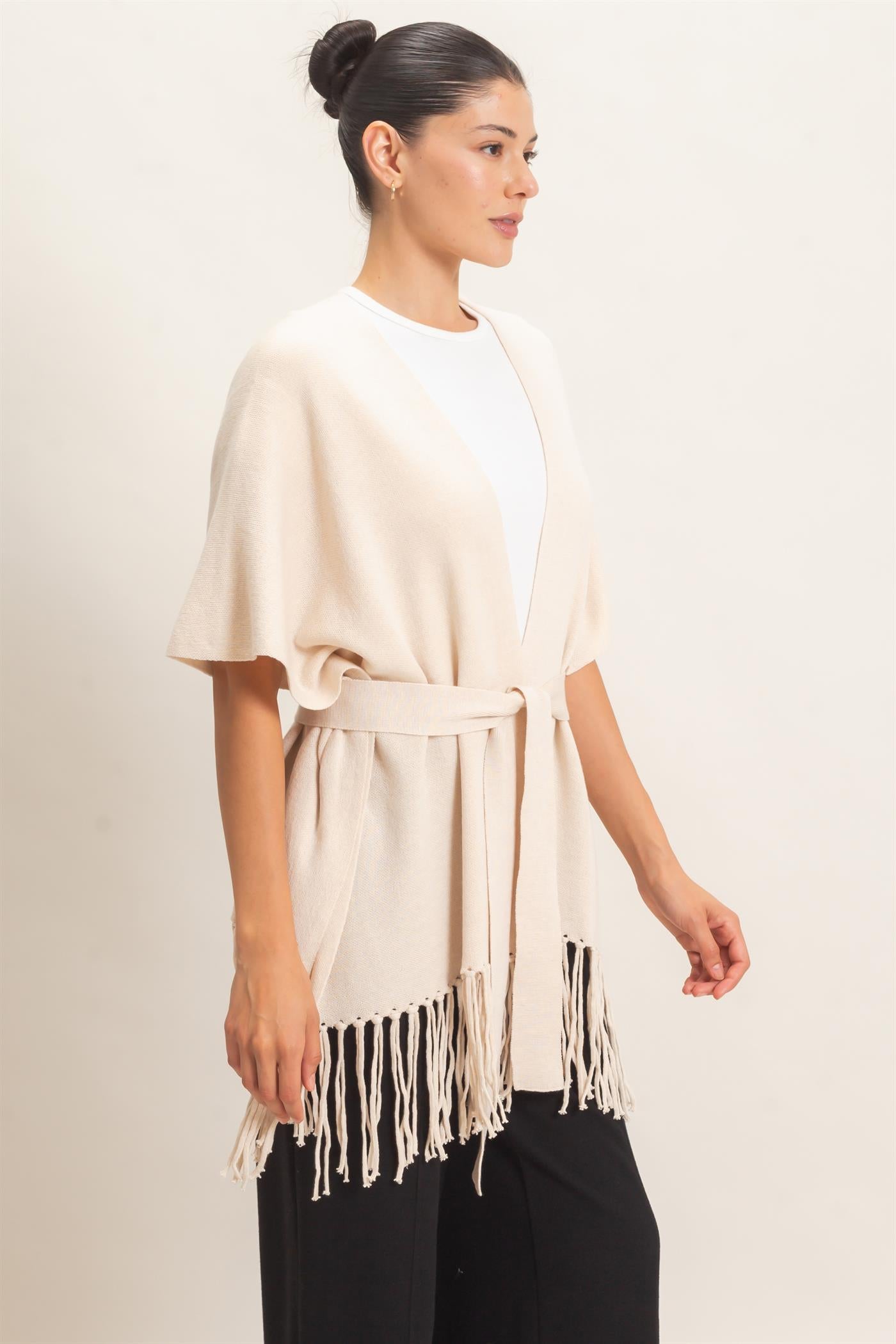 Wholesale Fringe Hem Kimono Sweater Kimonos HF26E041 OATMEAL HYFVE
