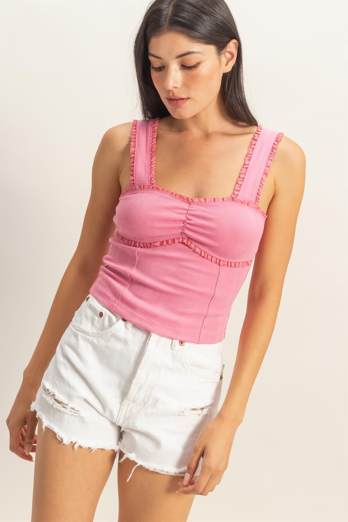 Wholesale Pointelle Shirred Trim Tank Top Clothing Tops DZ26A812 PINK DOUBLE ZERO