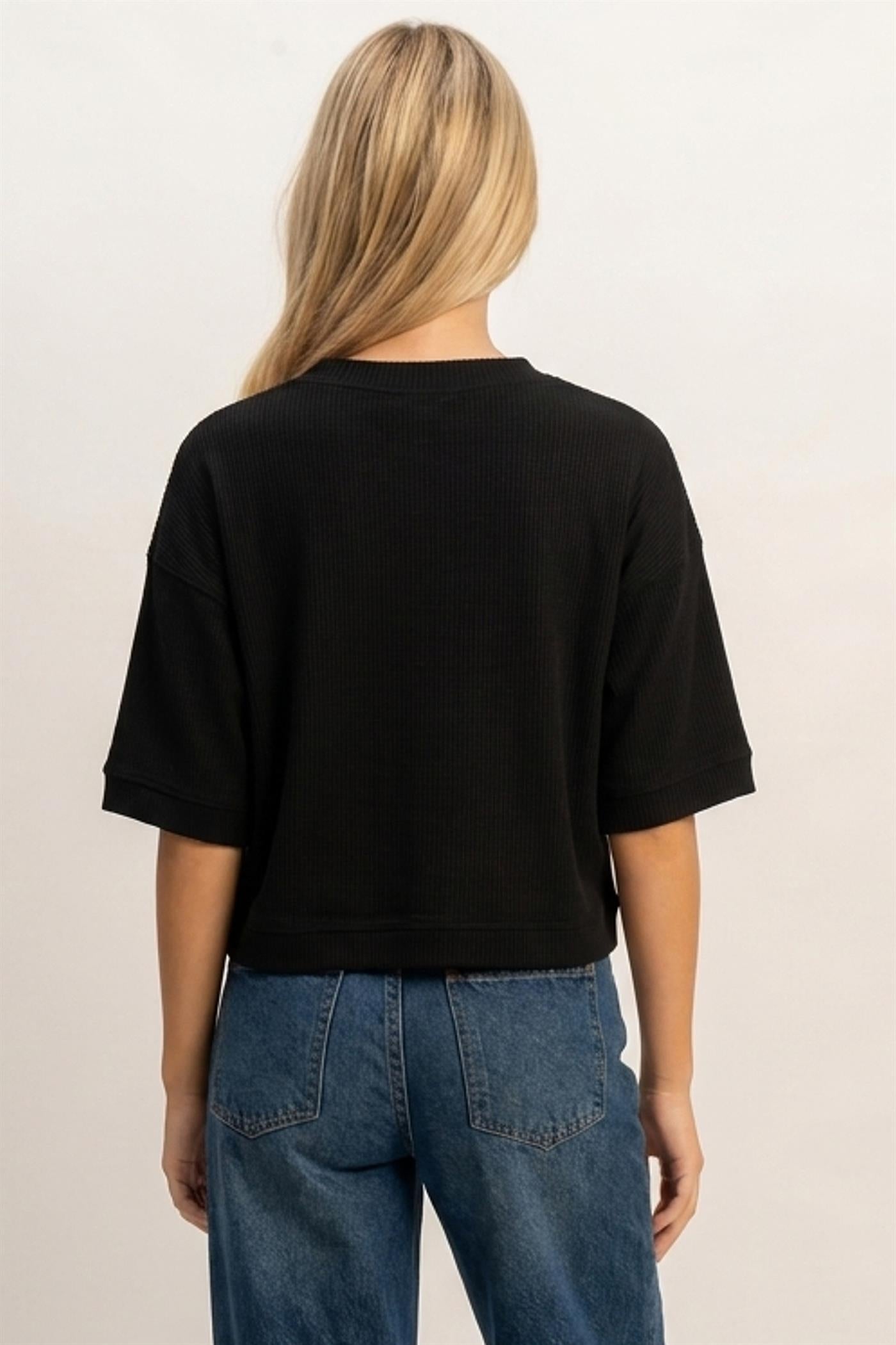 Wholesale Button-Down Short Sleeve Waffle Top Clothing Tops DZ26F244 BLACK DOUBLE ZERO