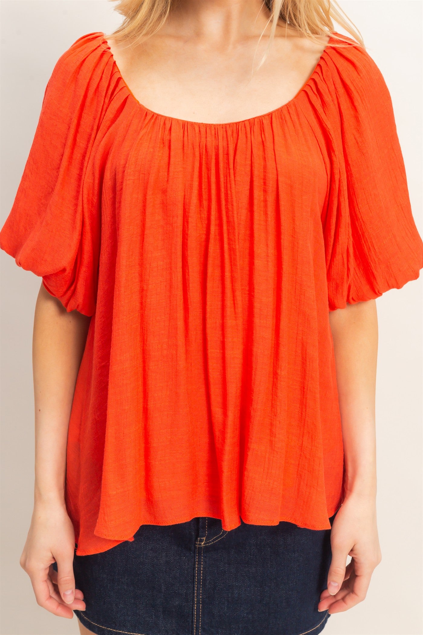Wholesale Gathered Puff Sleeve Blouse Blouses HF26C307 ORANGE RED HYFVE