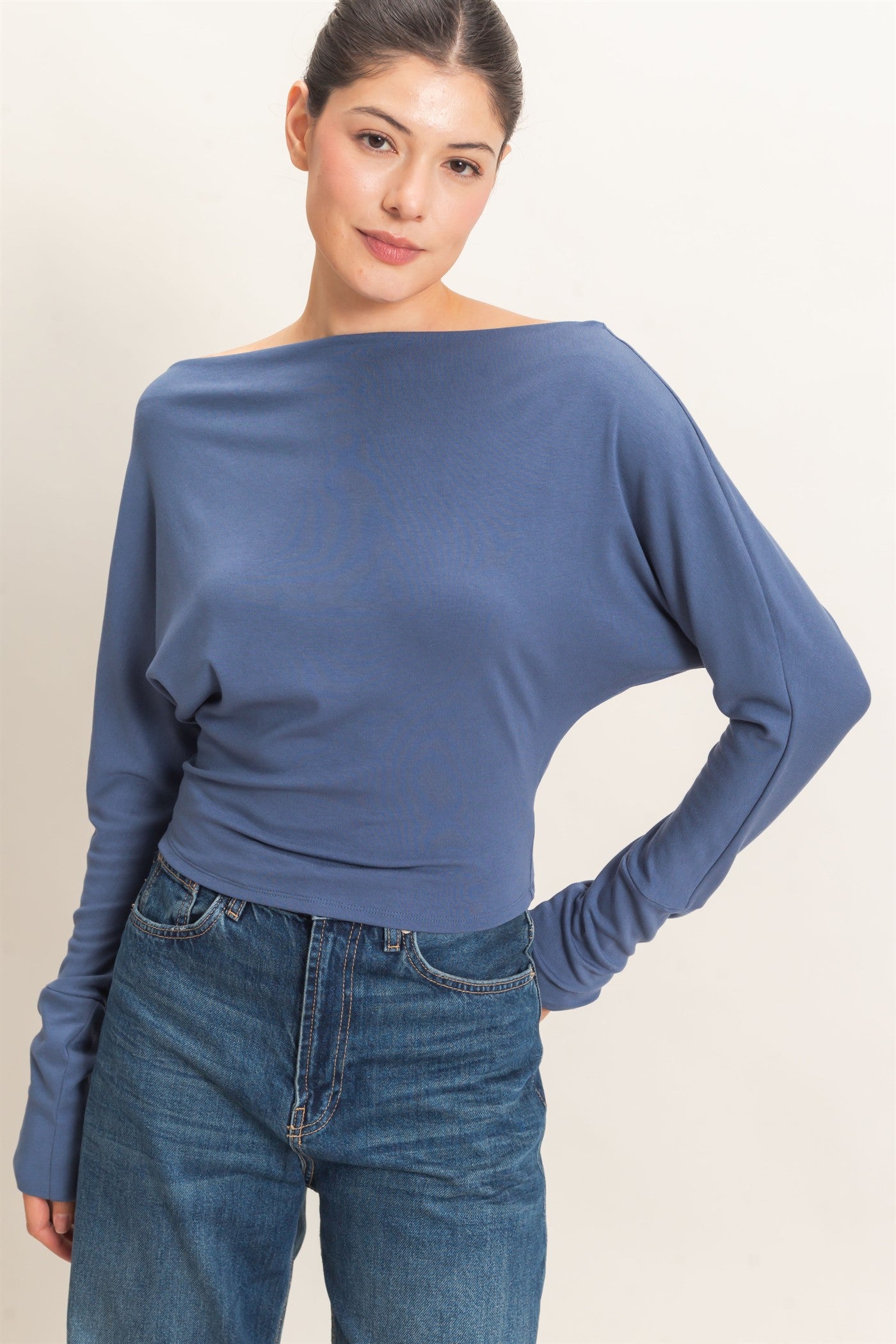 Wholesale Wide Boat Neck Dolman Sleeve Top Shirts HF26C883 STEEL BLUE HYFVE