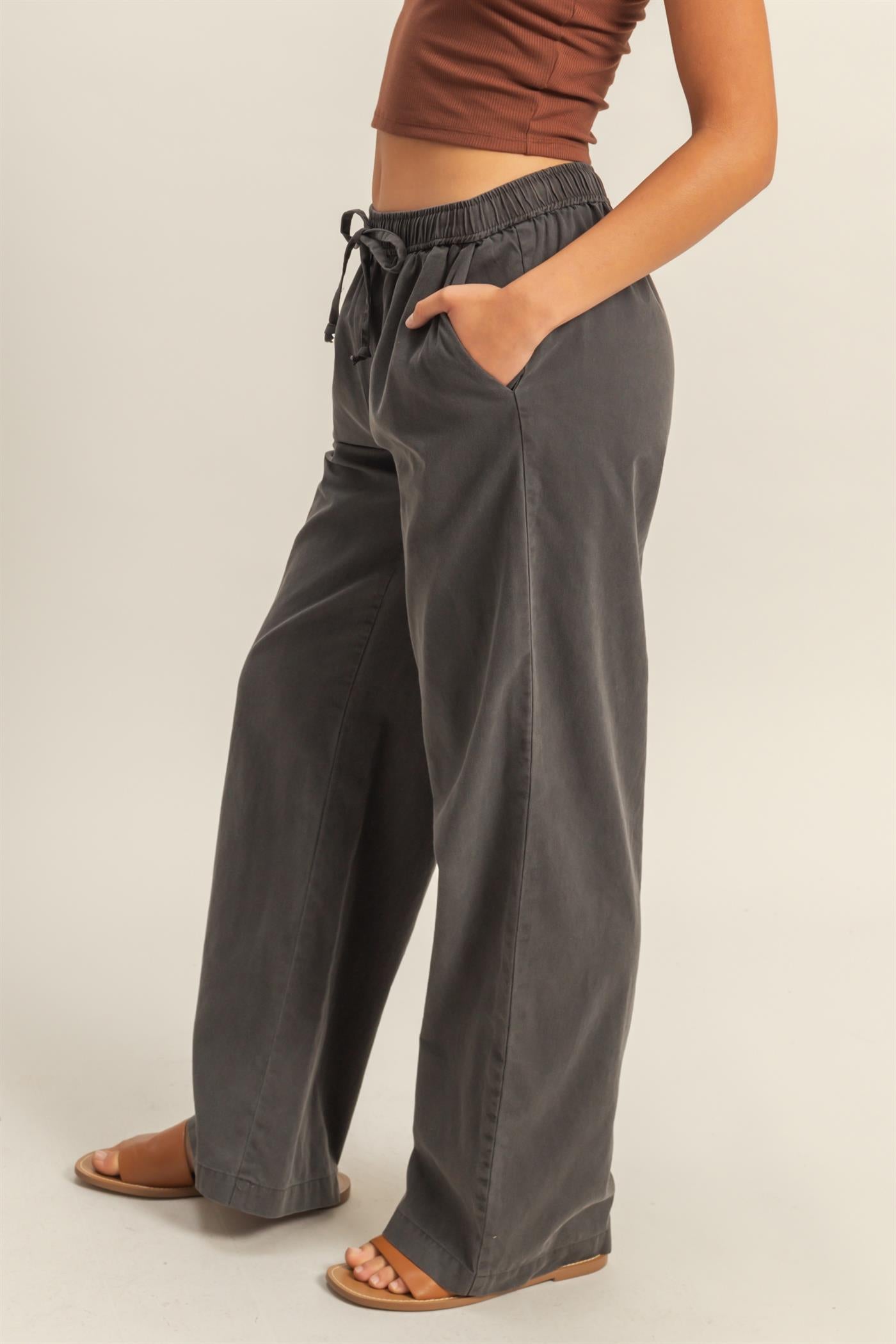 Wholesale Drawstring Waist Straight Leg Pants Pants DZ24A339 BLACK DOUBLE ZERO