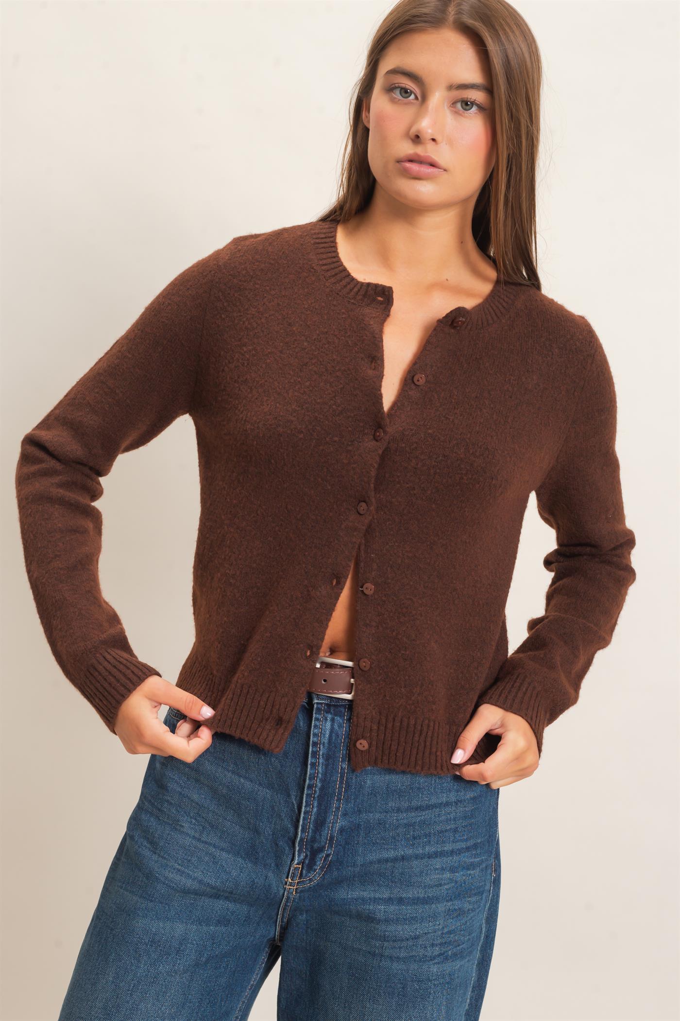 Wholesale Crew Neck Cardigan Cardigans DZ26E119 DARK BROWN DOUBLE ZERO