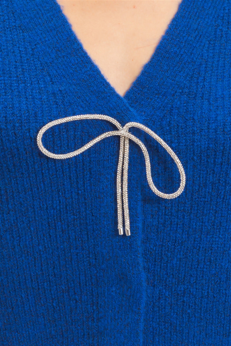 Wholesale Rhinestone Bow Tie-Front Sweater Cardigans HF26F183-D ROYAL BLUE HYFVE