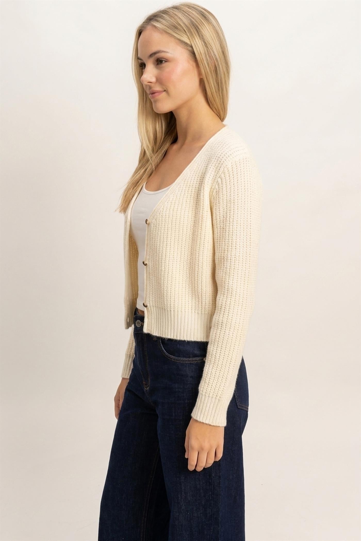Wholesale V-Neck Ribbed Cardigan Cardigans DZ26E106 IVORY DOUBLE ZERO