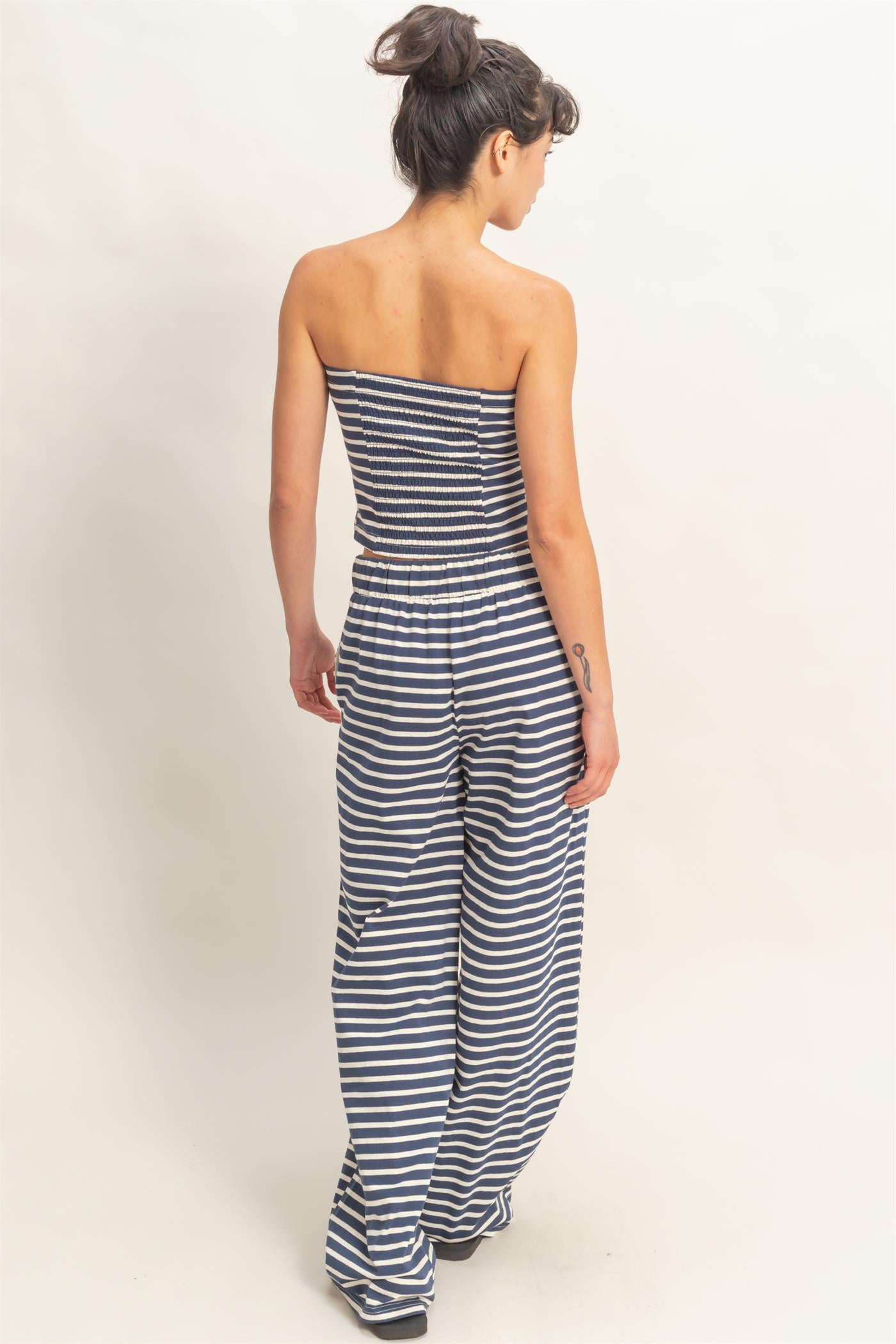 Wholesale Striped Jersey Tube Top And Pants Set Clothing DZ26C621-SET NAVY DOUBLE ZERO