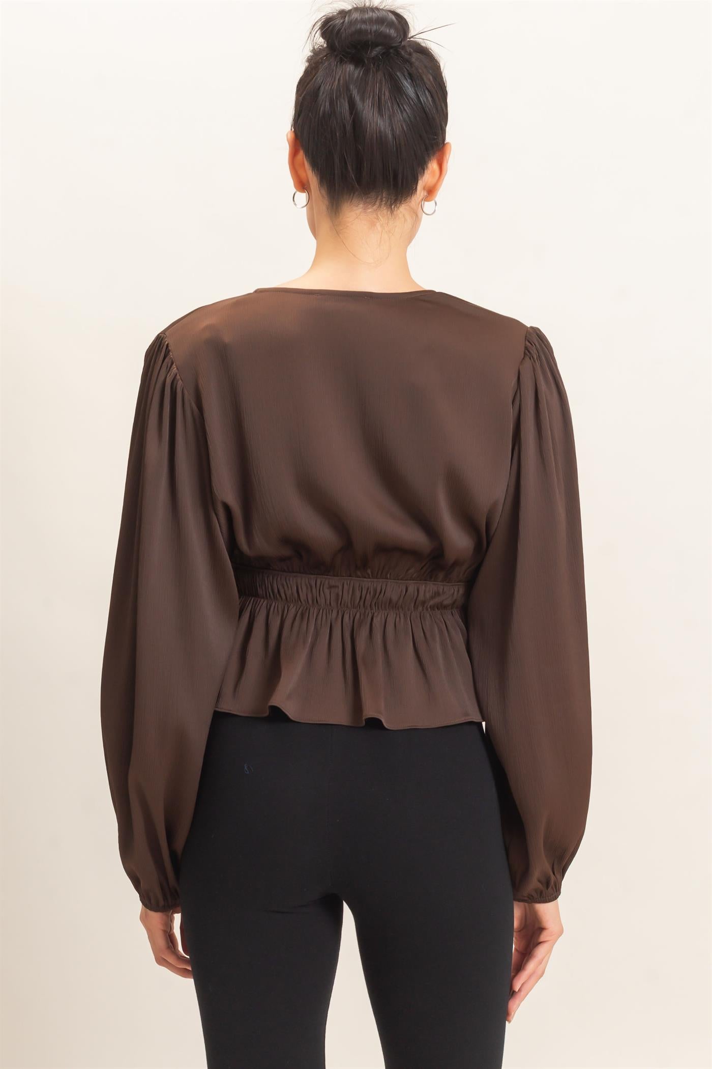 Wholesale Plunging Tie-Front Blouse Blouses HF26F082 BROWN HYFVE