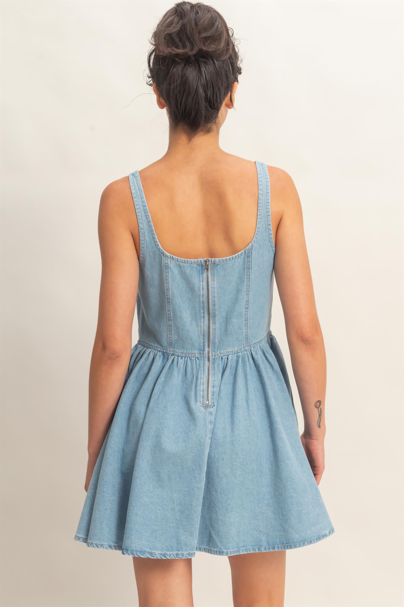 Wholesale Scoop Neck Denim Tank Flowy Mini Dress Dresses DZ26A998 LIGHT BLUE DOUBLE ZERO