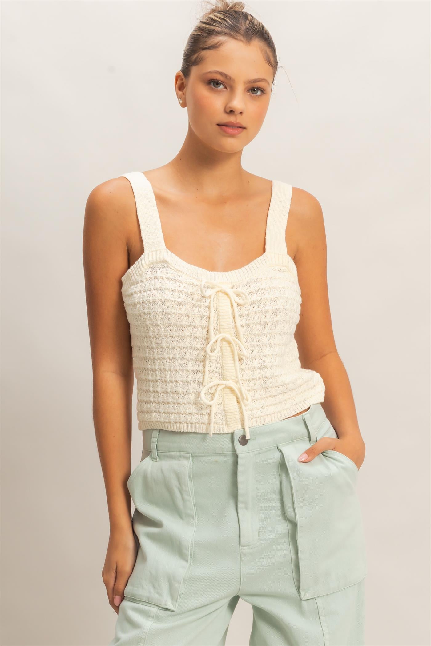 Wholesale Textured Knit Tank Clothing Tops HF26C002 CREAM HYFVE