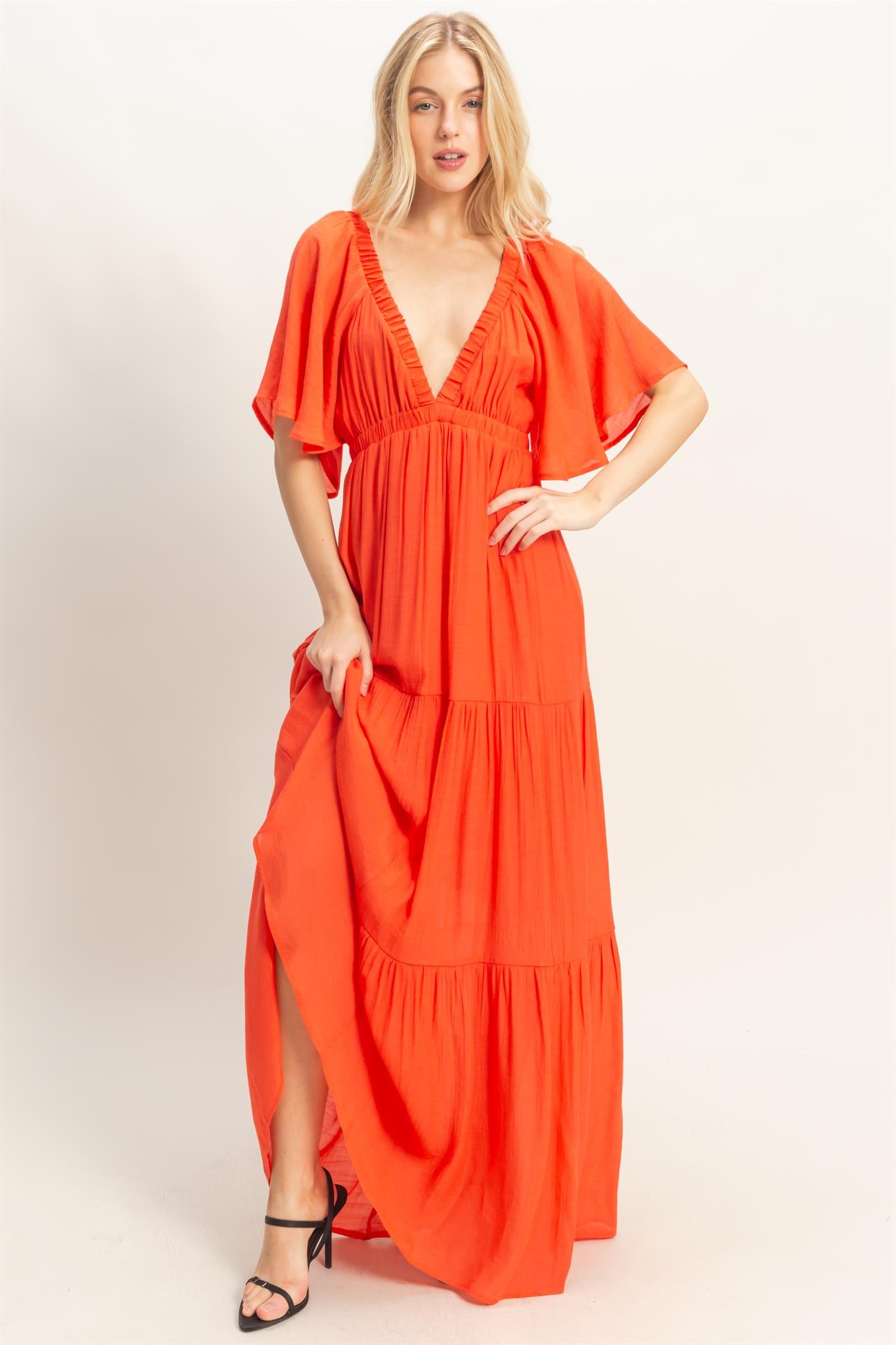 Wholesale Flutter Sleeve Maxi Dress Dresses HF26C285-D ORANGE RED HYFVE