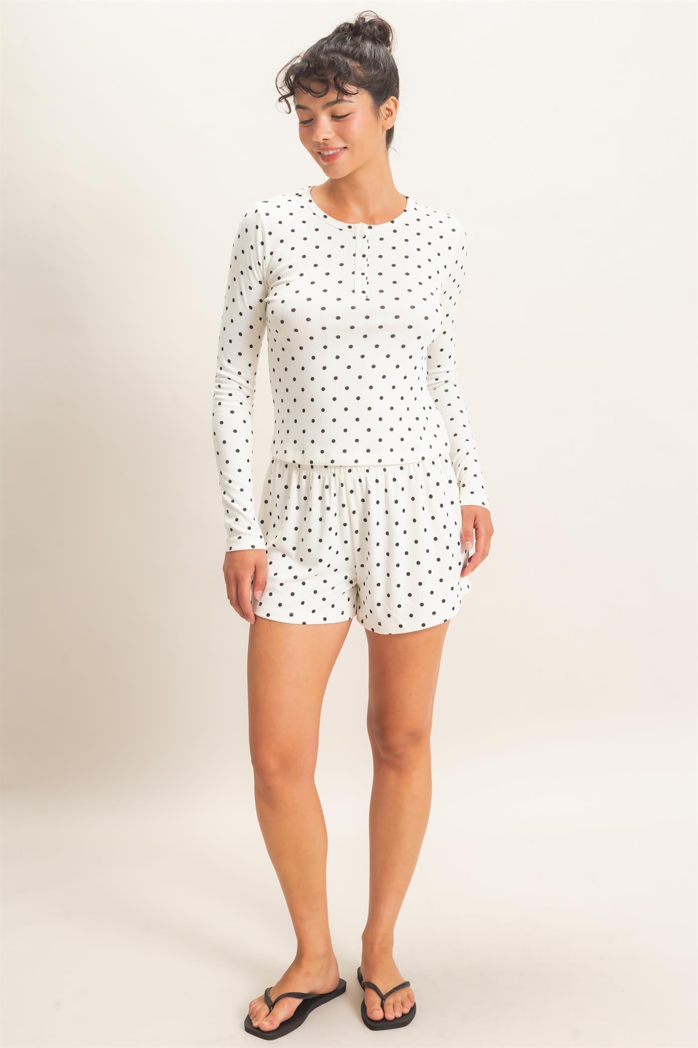 Wholesale Polka Dot Henley Long Sleeve Top & Shorts Set Clothing DZ27A154-SET CREAM DOUBLE ZERO