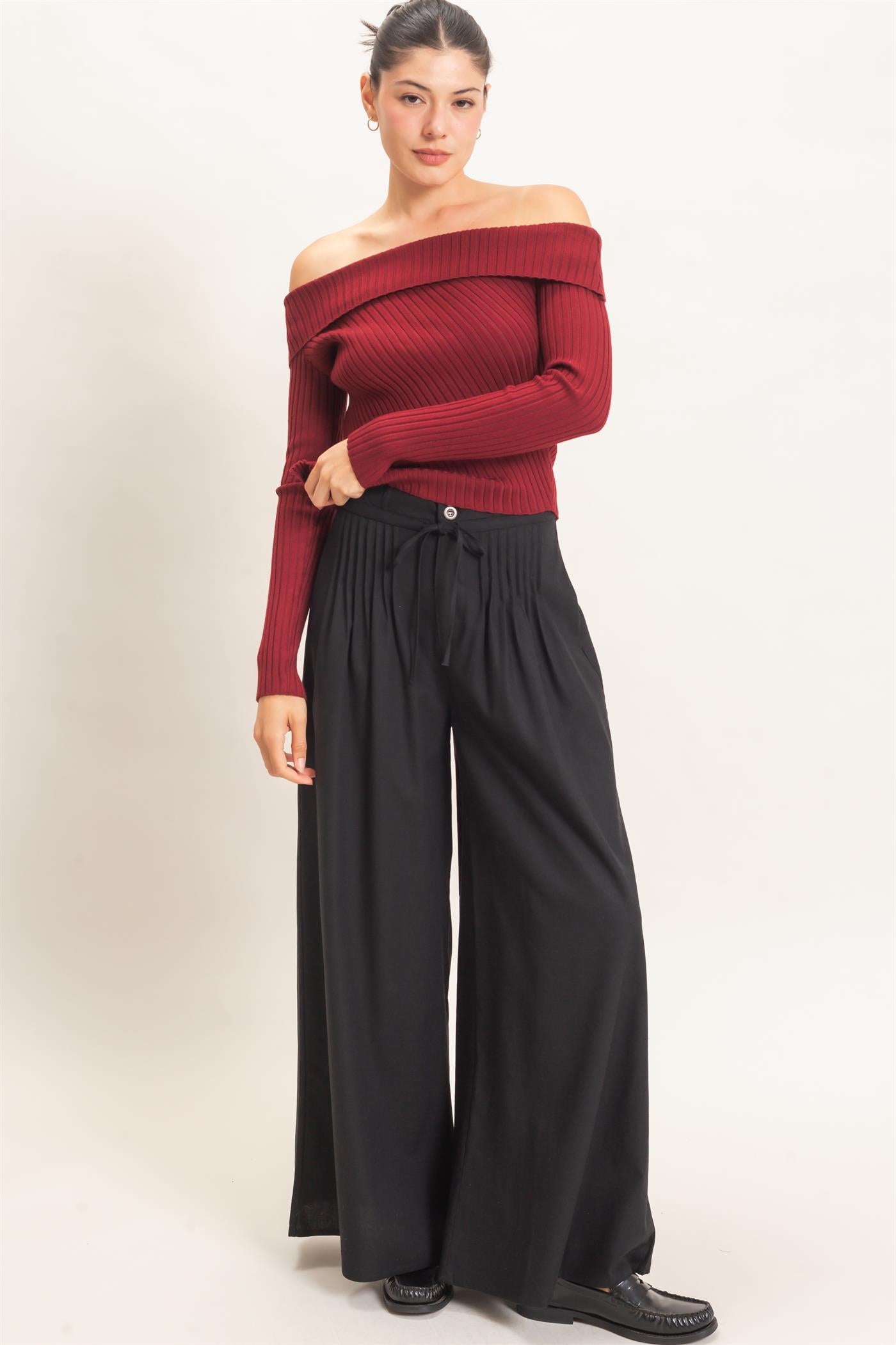Wholesale Ribbed Off-Shoulder Sweater Sweaters HF26E937 BURGUNDY HYFVE