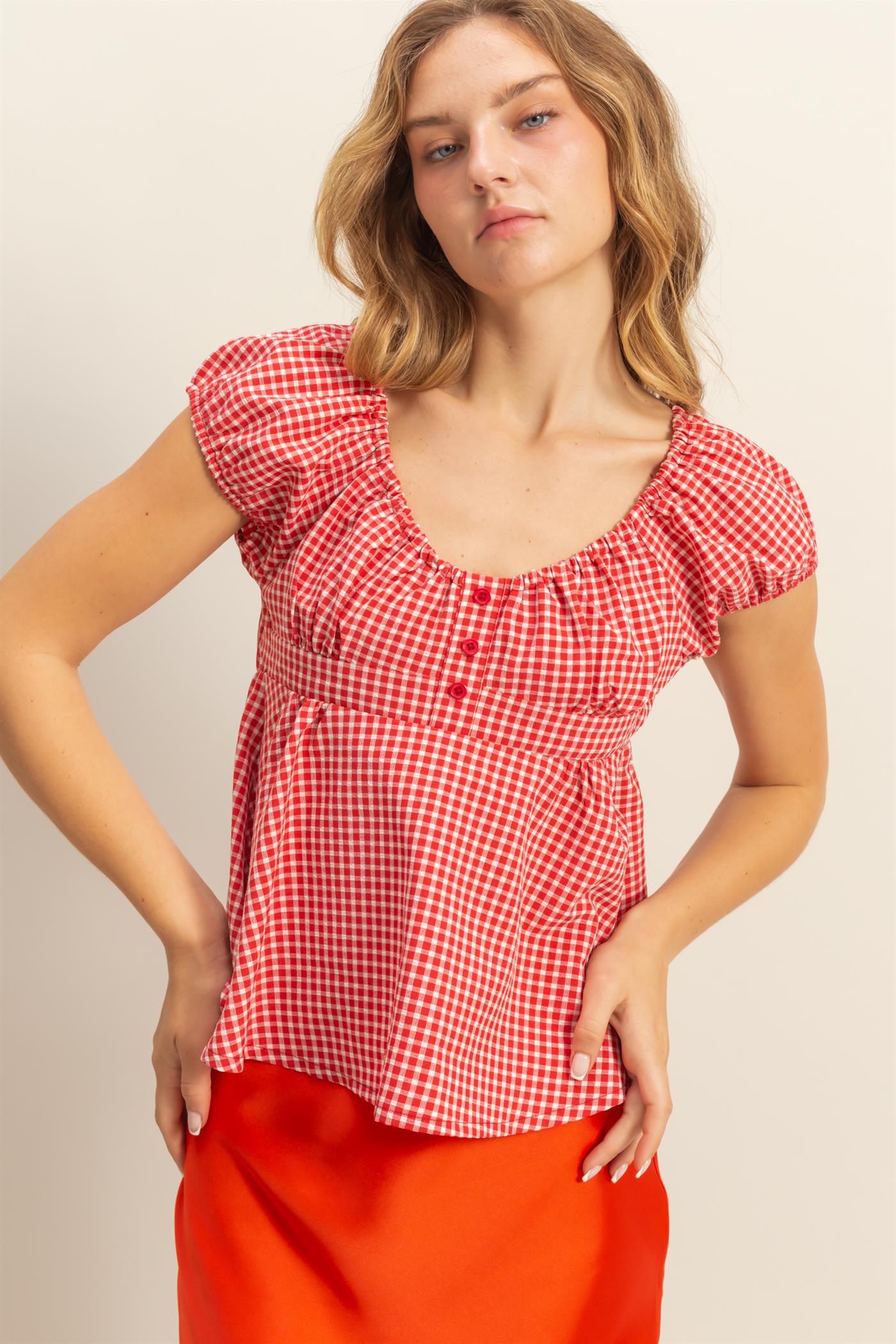 Wholesale Gingham Scoop Neck Cap Sleeve Blouse Blouses DZ25C042 RED DOUBLE ZERO