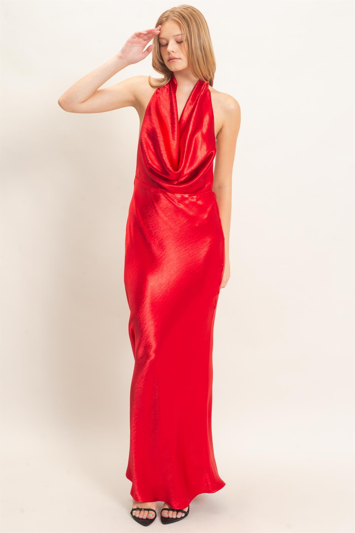 Wholesale Satin Cowl Neck Maxi Dress Dresses HF26F216-D RED HYFVE