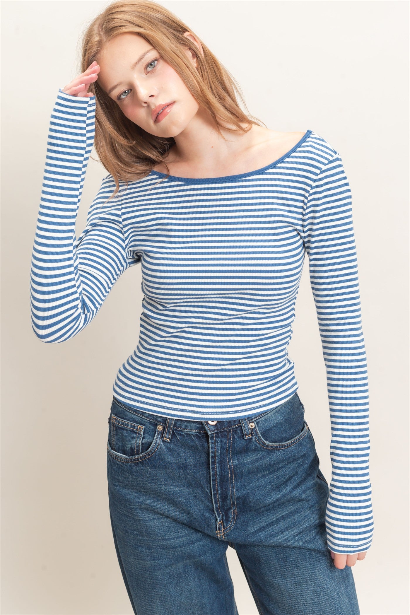 Wholesale Striped Boat Neck Long Sleeve Top Clothing Tops HF26F080 BLUE/WHITE HYFVE