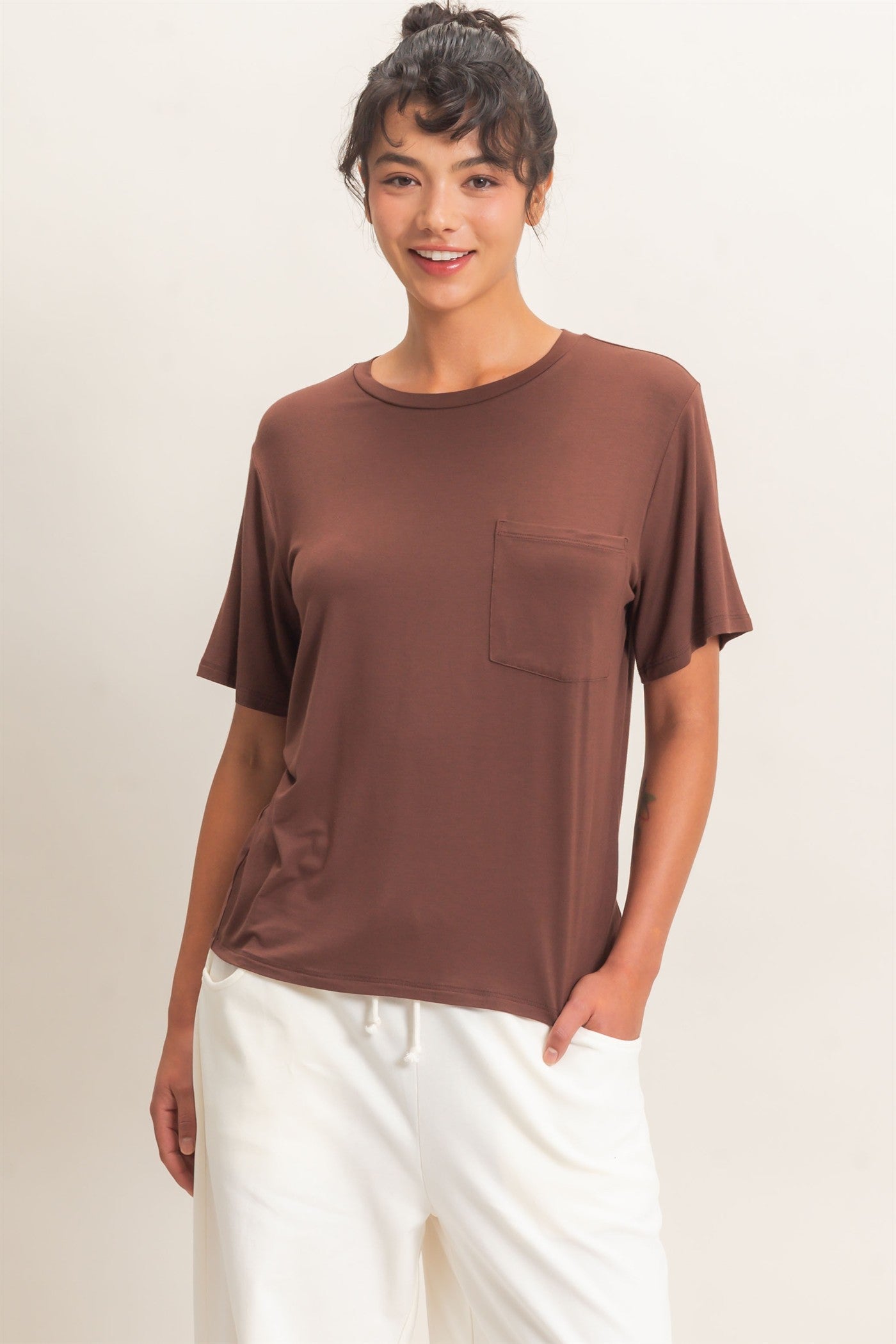 Wholesale Crew Neck Pocket Tee Clothing Tops DZ26E254 DARK BROWN DOUBLE ZERO