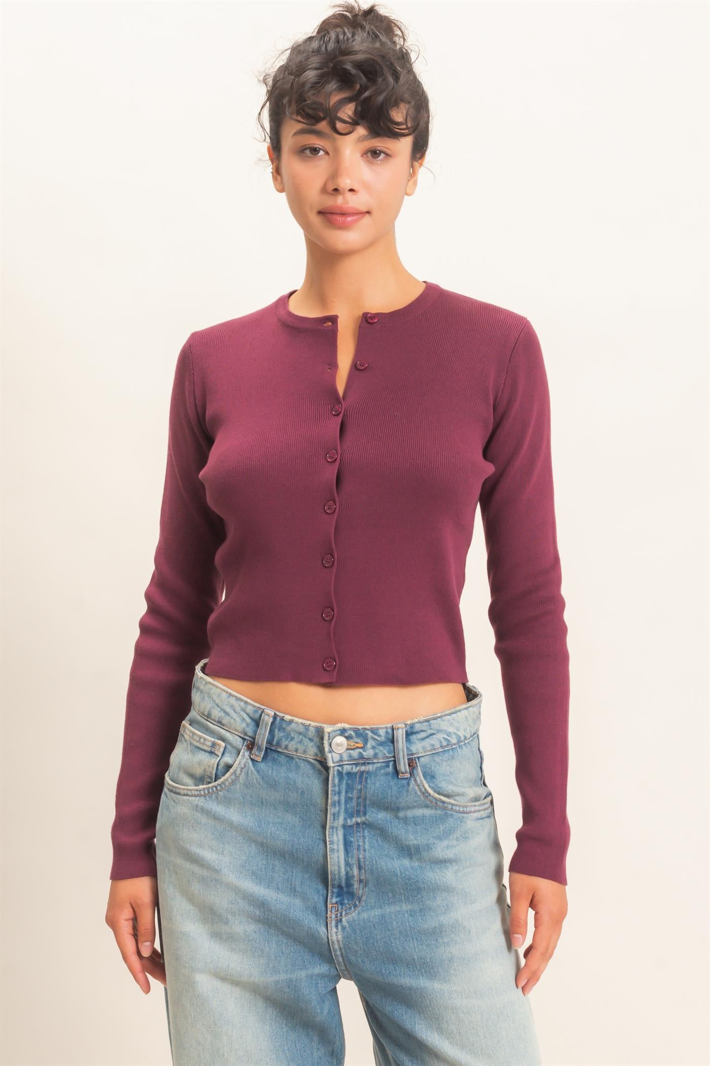 Wholesale Ribbed Crew Neck Cardigan Cardigans DZ27A153 DARK CHERRY DOUBLE ZERO