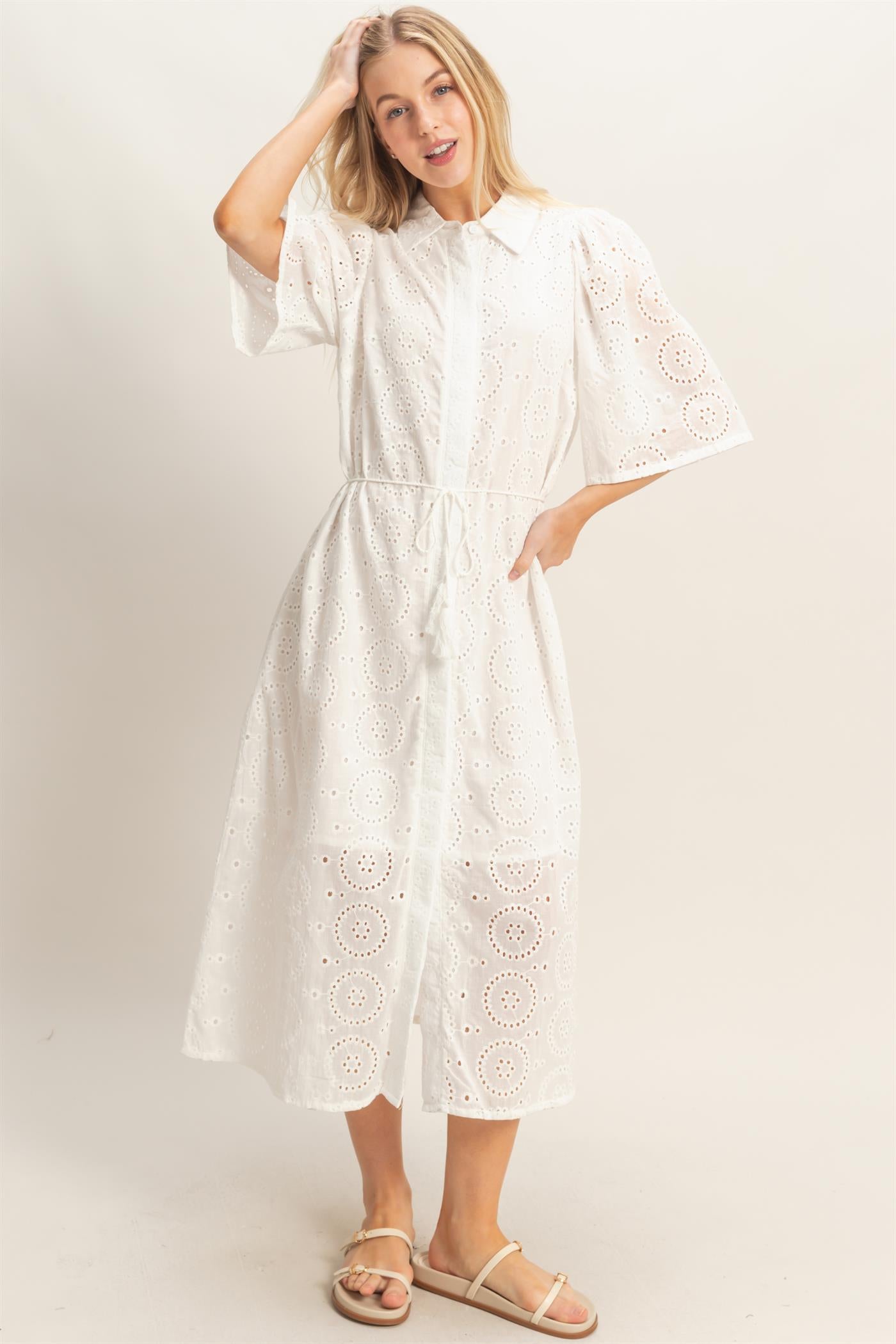 Wholesale Eyelet Collared Midi Dress Dresses HF26A021 WHITE HYFVE