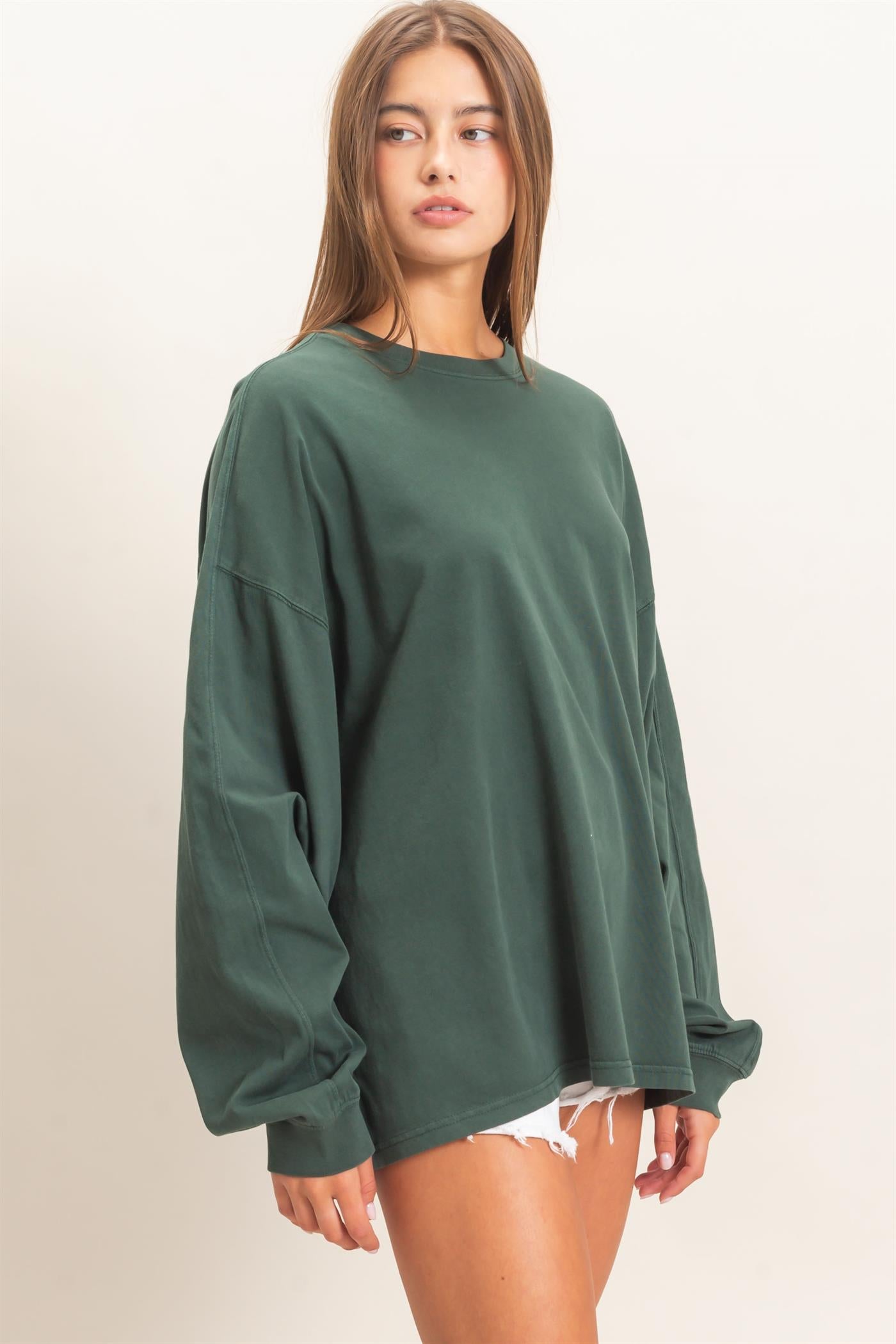 Wholesale Pigment Dye Oversized Long Sleeve Top Clothing Tops DZ26A825 DARK GREEN DOUBLE ZERO