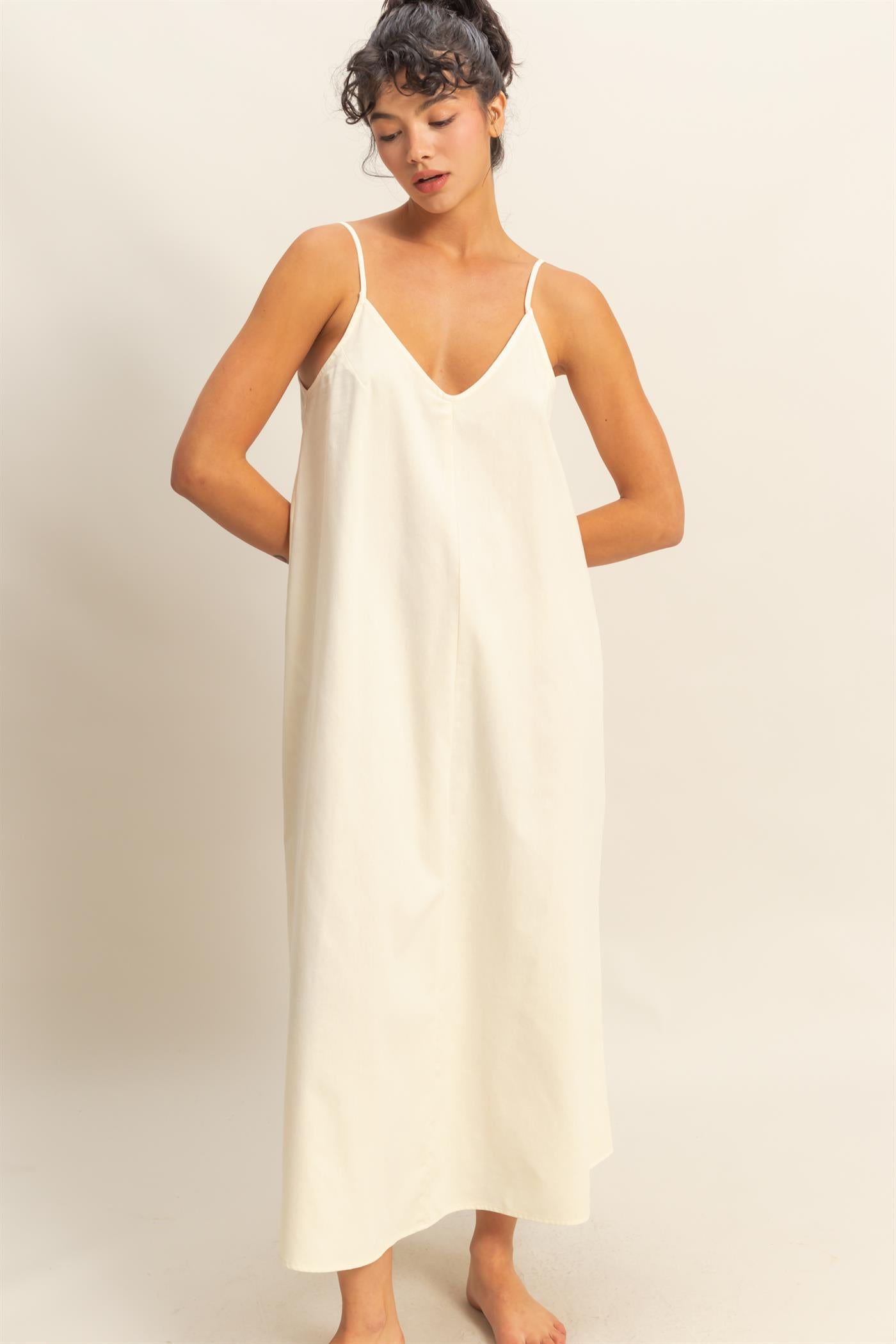 Wholesale Dyed V-Neck Loose Maxi Dress Dresses DZ24C964 CREAM DOUBLE ZERO