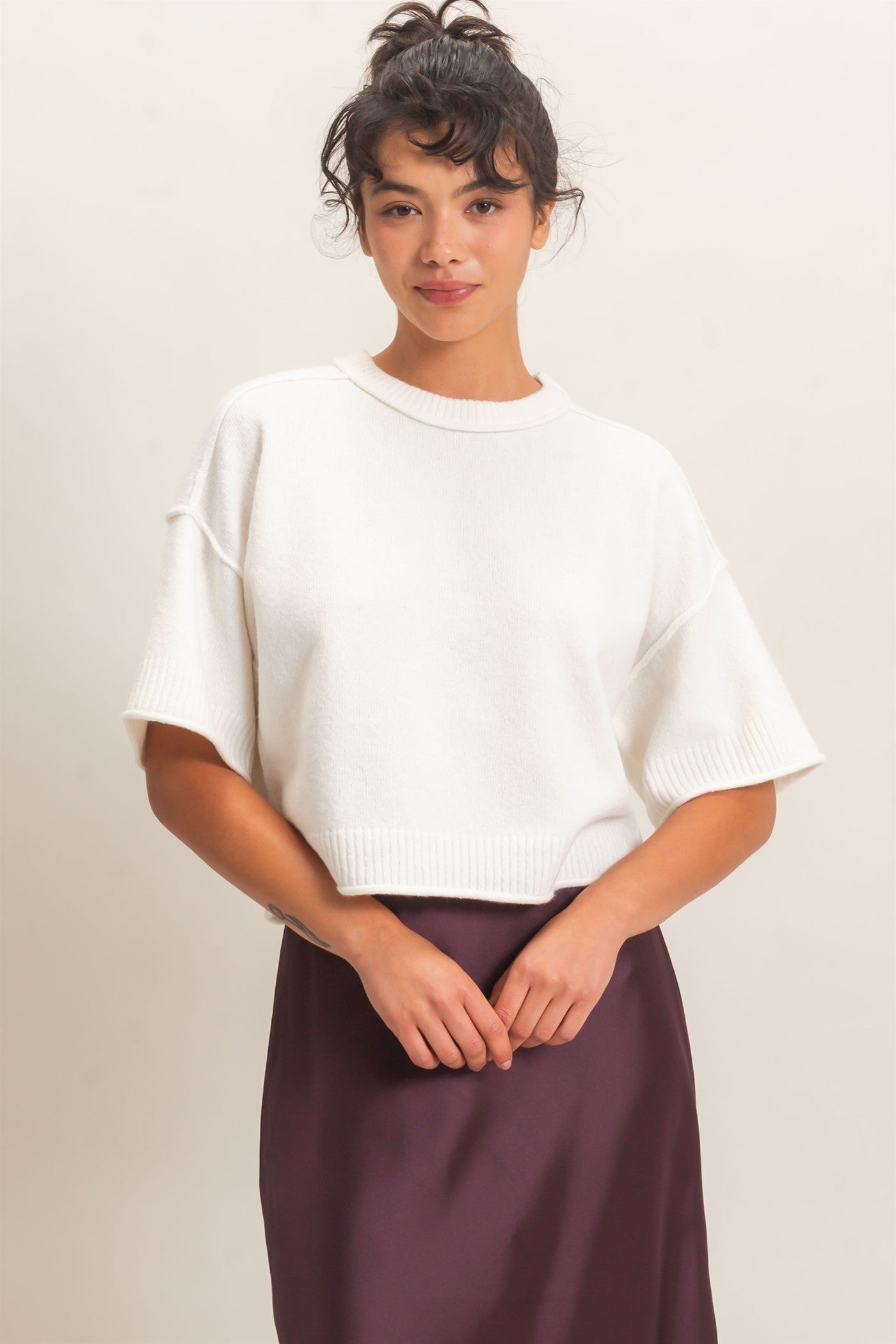 Wholesale Seam Detail Short Sleeve Knit Top Clothing Tops DZ26A827 WHIP CREAM DOUBLE ZERO