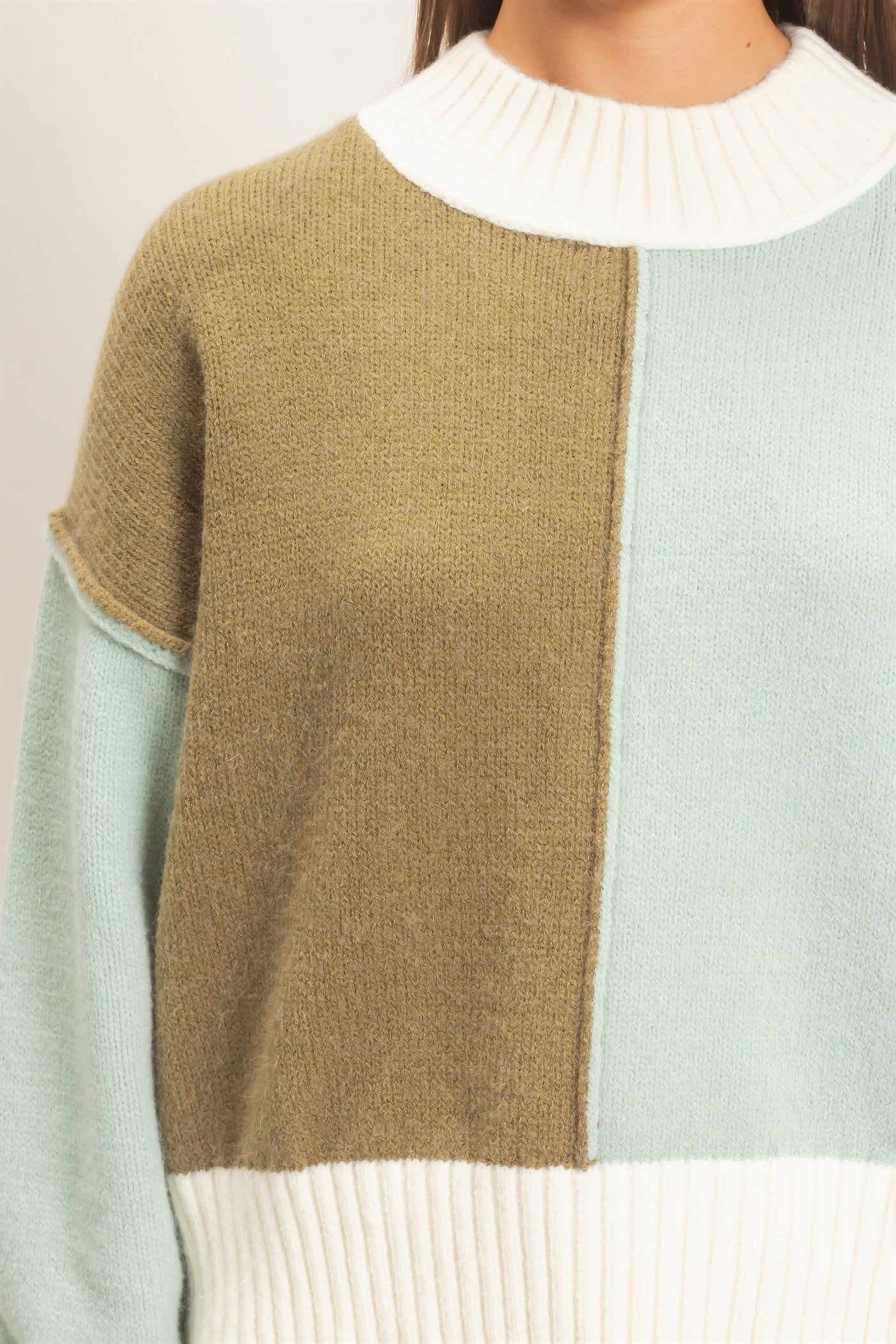 Wholesale Color Block Mock Neck Sweater Sweaters DZ27A211 OLIVE DOUBLE ZERO