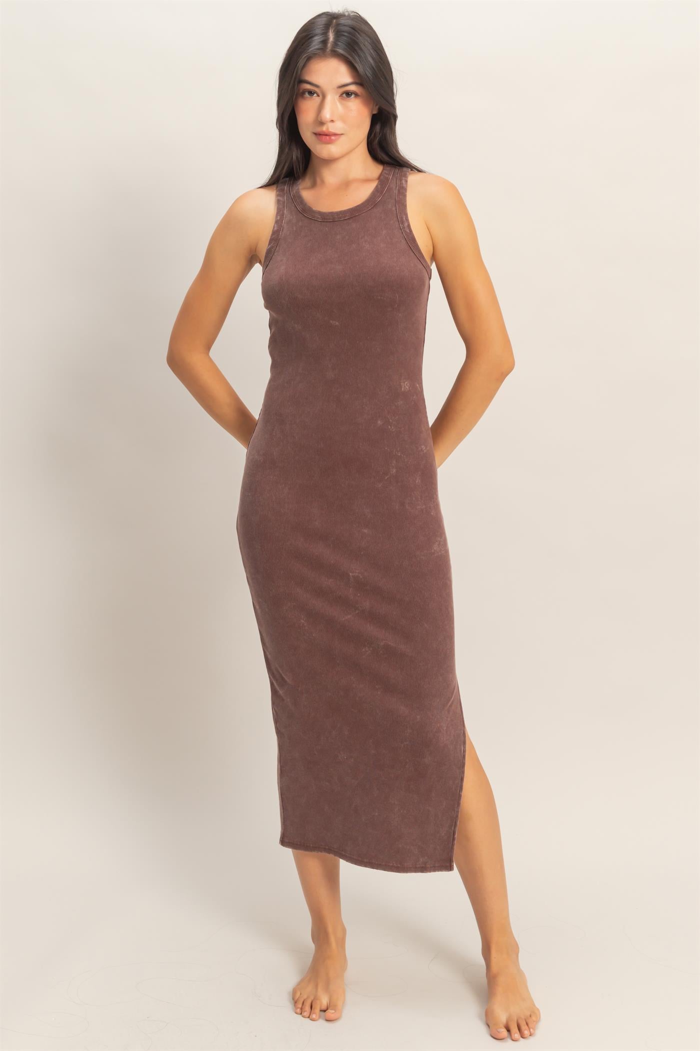 Wholesale Acid Washed Ribbed Midi Tank Dress Dresses DZ26C060 CHOCOLATE DOUBLE ZERO