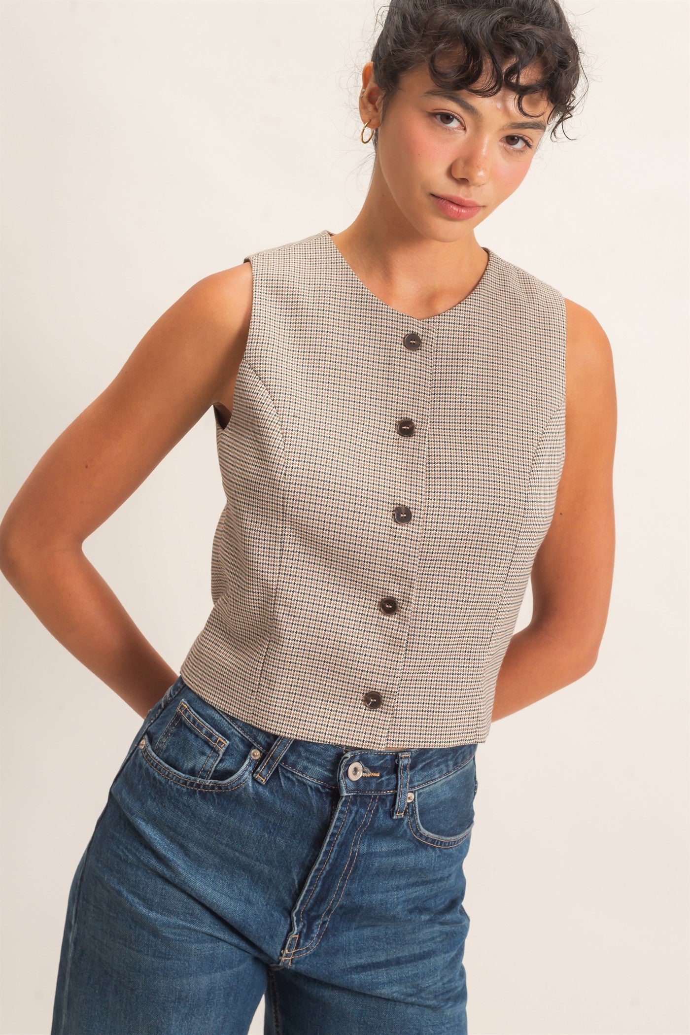Wholesale Houndstooth Buttoned Vest Clothing Tops DZ26E386 BROWN DOUBLE ZERO