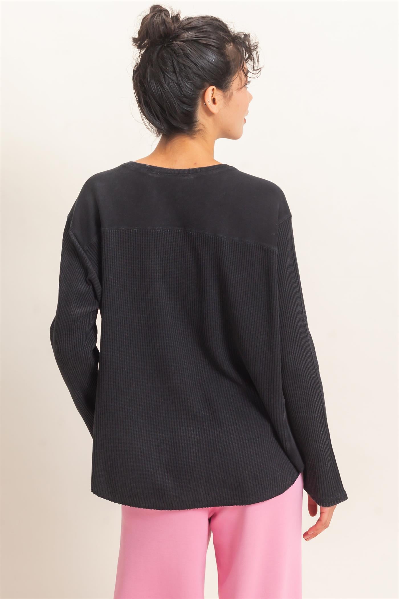 Wholesale Oversized Mineral Washed Waffle Knit Top Clothing Tops DZ26E654 BLACK DOUBLE ZERO