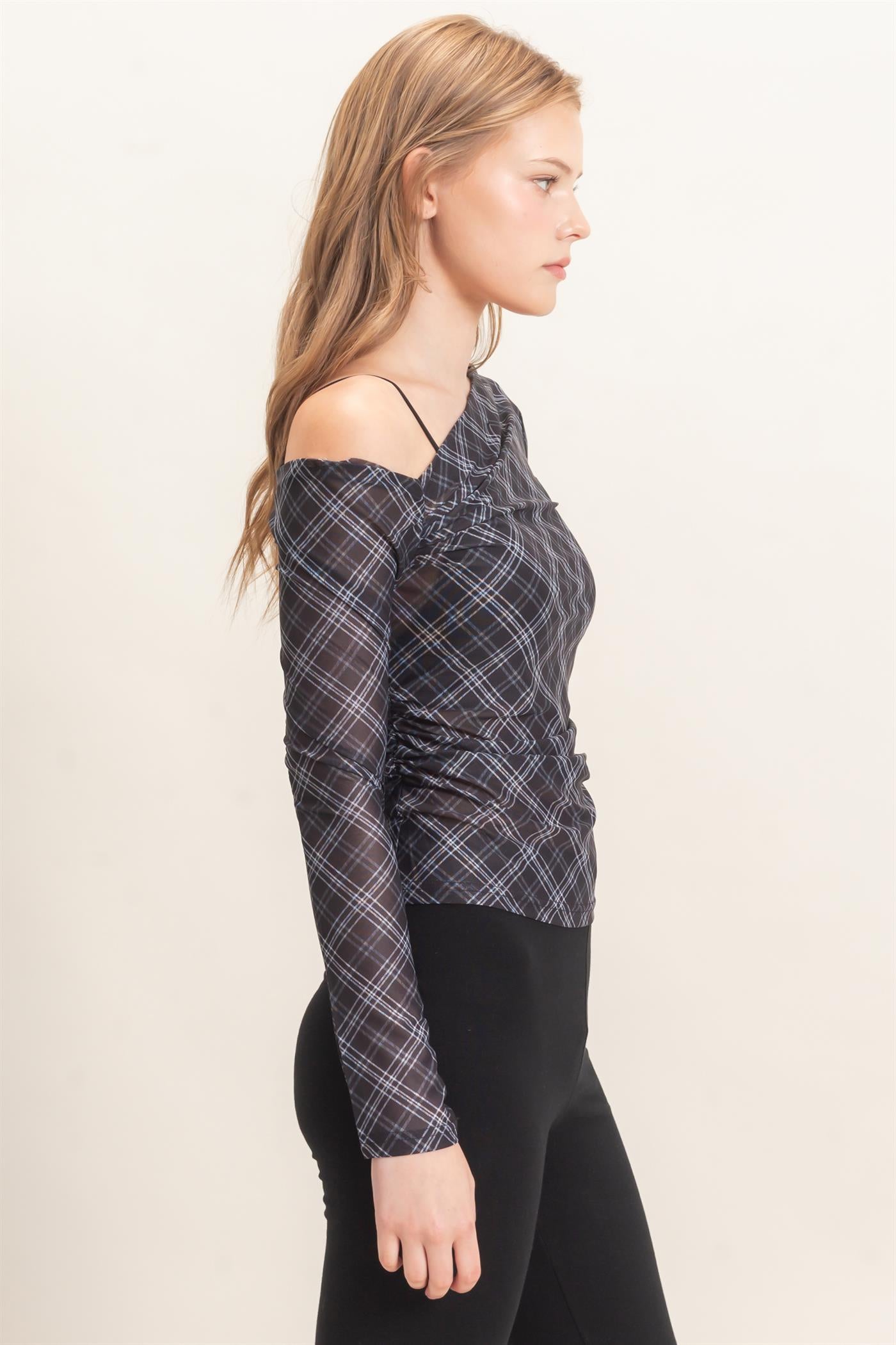 Wholesale Asymmetrical Plaid Off Shoulder Top Dresses HF26E710 BLACK HYFVE