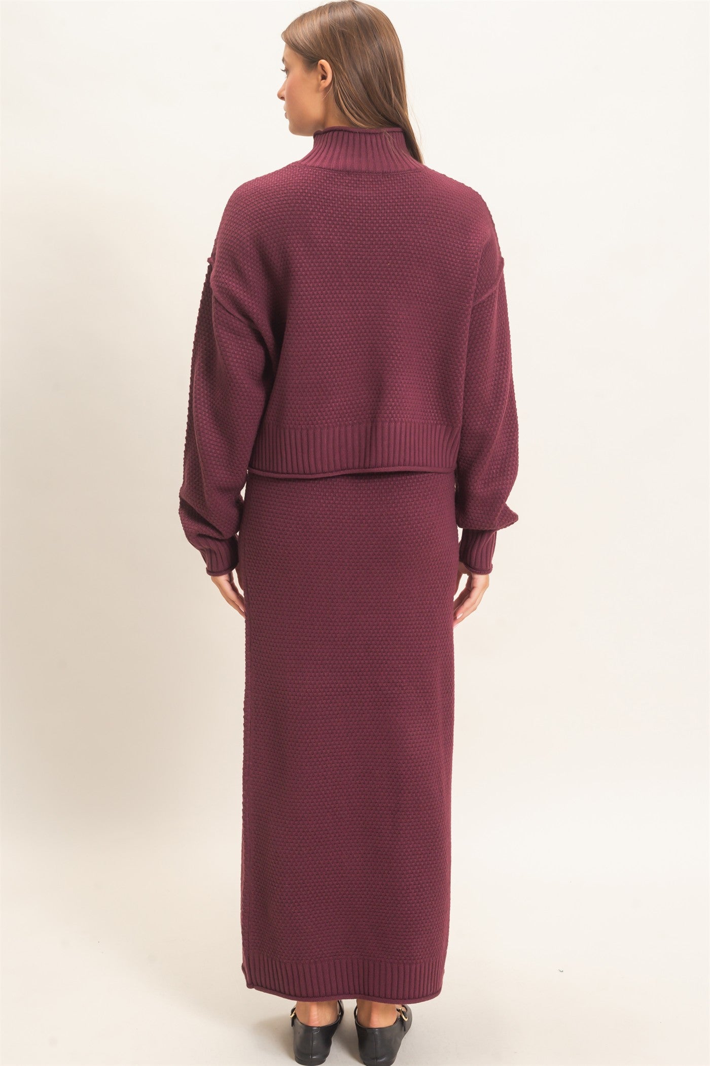 Wholesale High Neck Long Sleeve Top & Maxi Skirt Set Clothing DZ26E272-SET DARK CHERRY DOUBLE ZERO