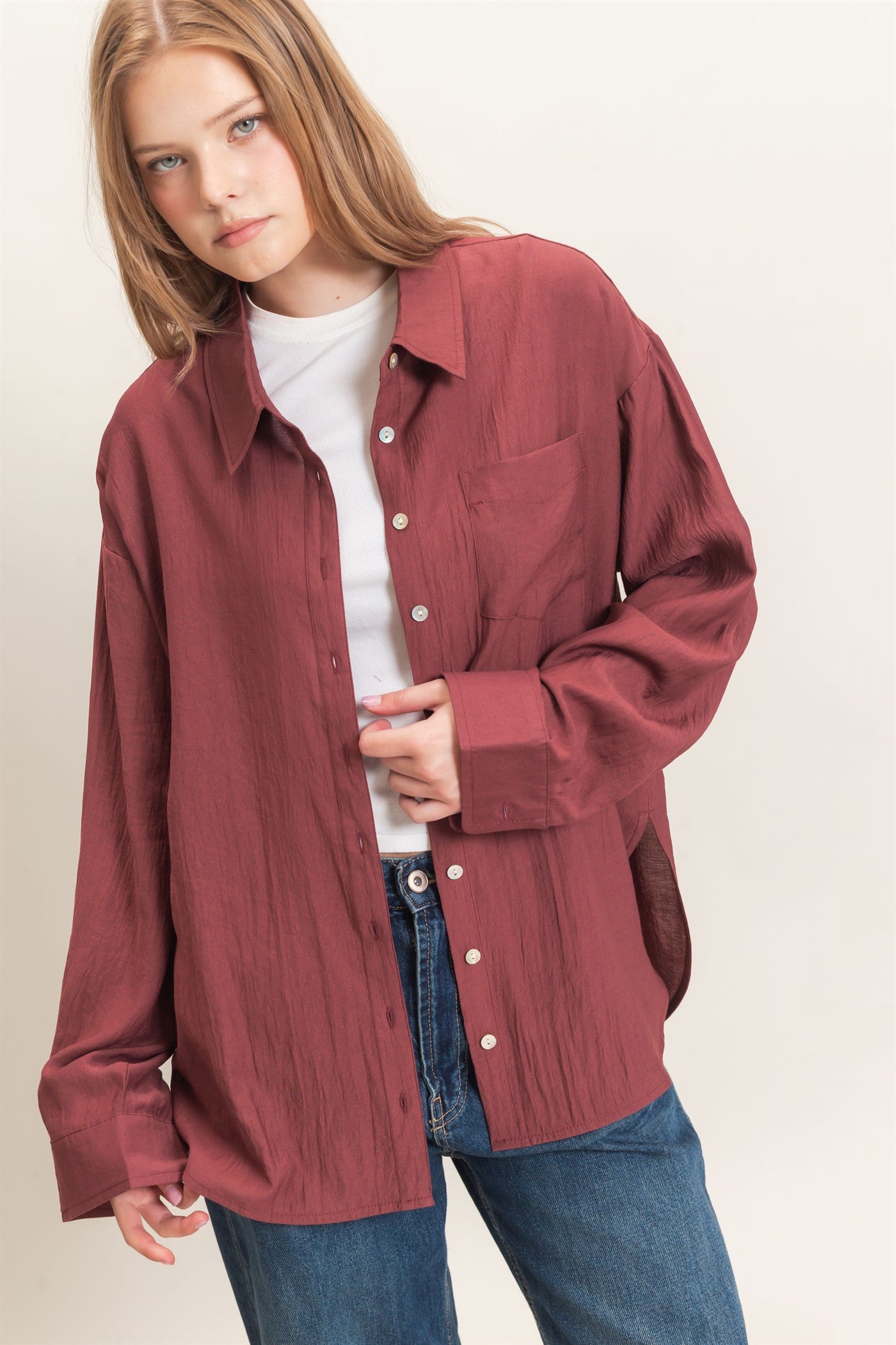 Wholesale Crinkled Button-Up Shirt Clothing Tops HF26E691 MAROON HYFVE
