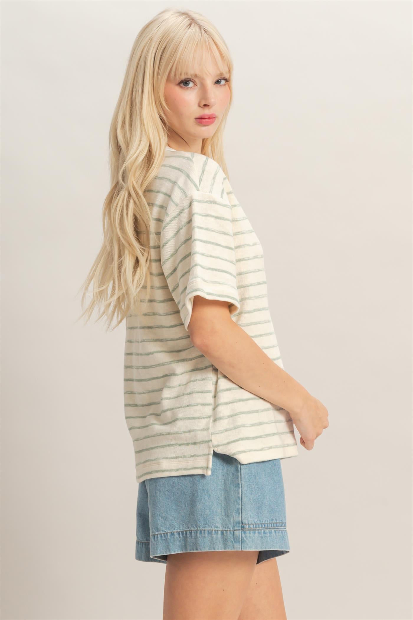 Wholesale Striped Short Sleeve Henley Top Clothing Tops DZ26A653 SAGE GREEN DOUBLE ZERO