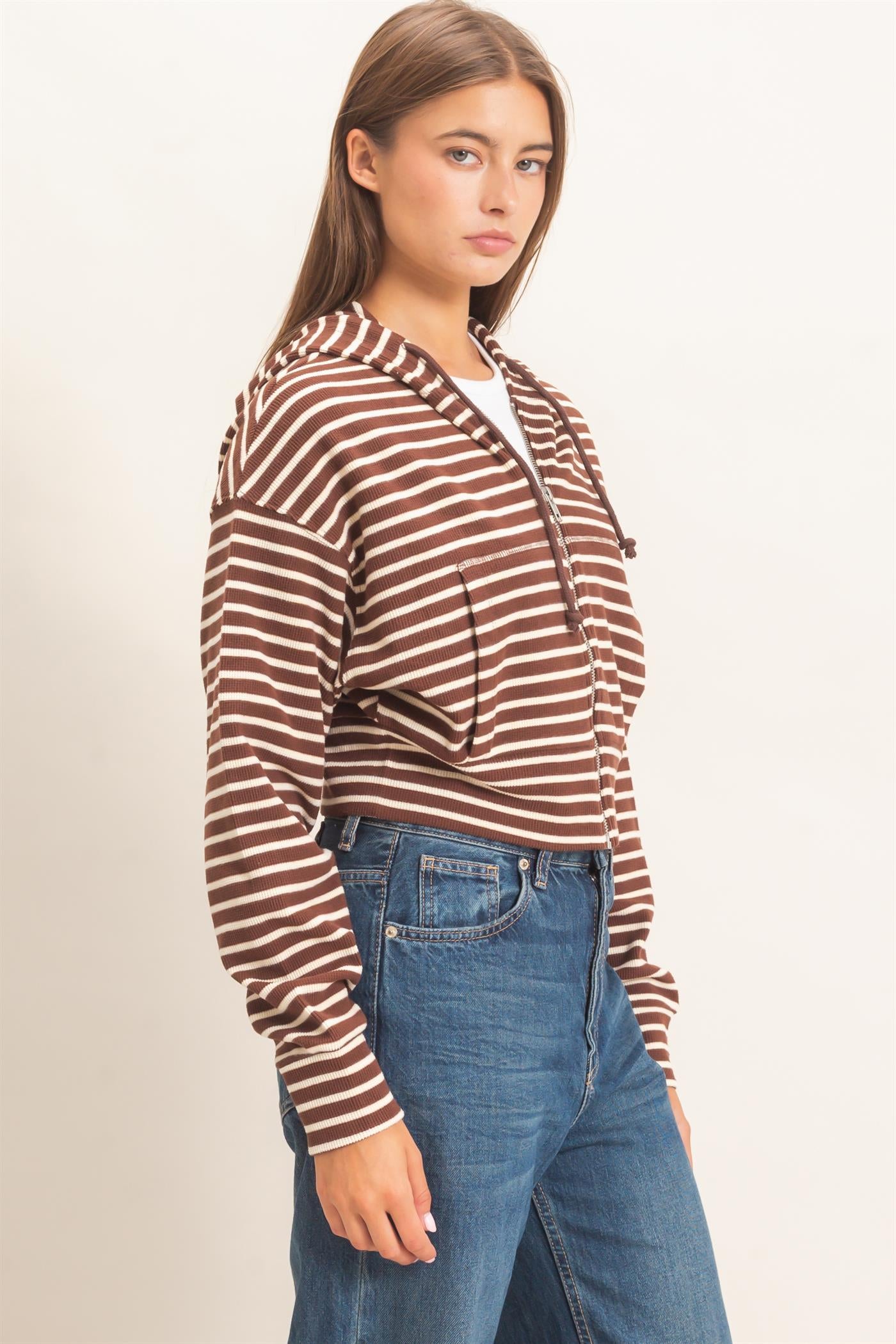 Wholesale Striped Zip-Up Hoodie Hoodies DZ26E433 DARK BROWN DOUBLE ZERO