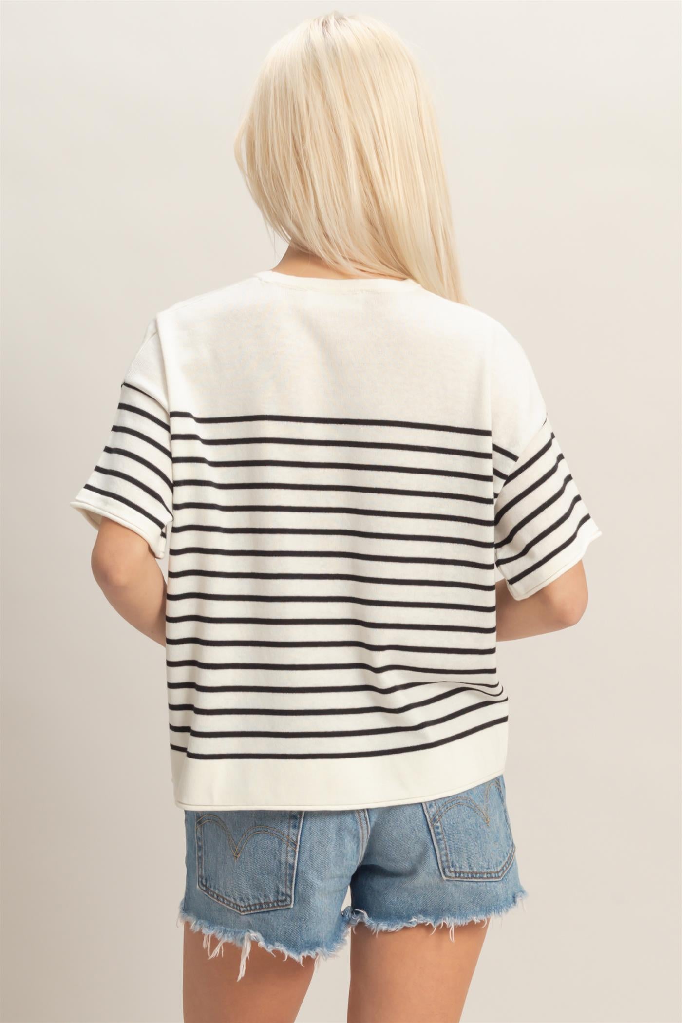 Wholesale Striped Short Sleeve Knit Top Clothing Tops DZ26A838 BLACK DOUBLE ZERO