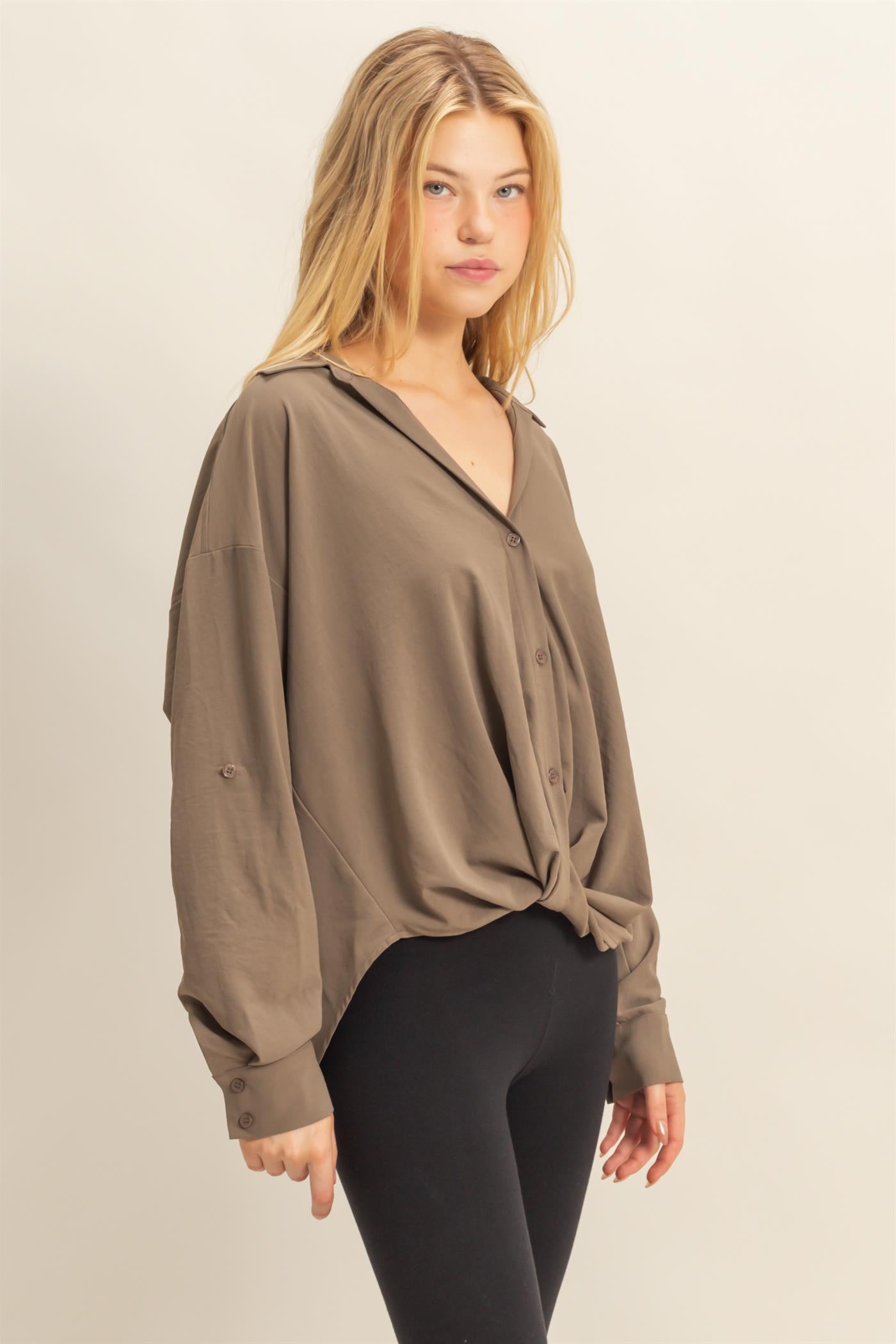 Wholesale Button-Down Blouse With Flowing Fit Clothing Tops HF25C543 OLIVE HYFVE