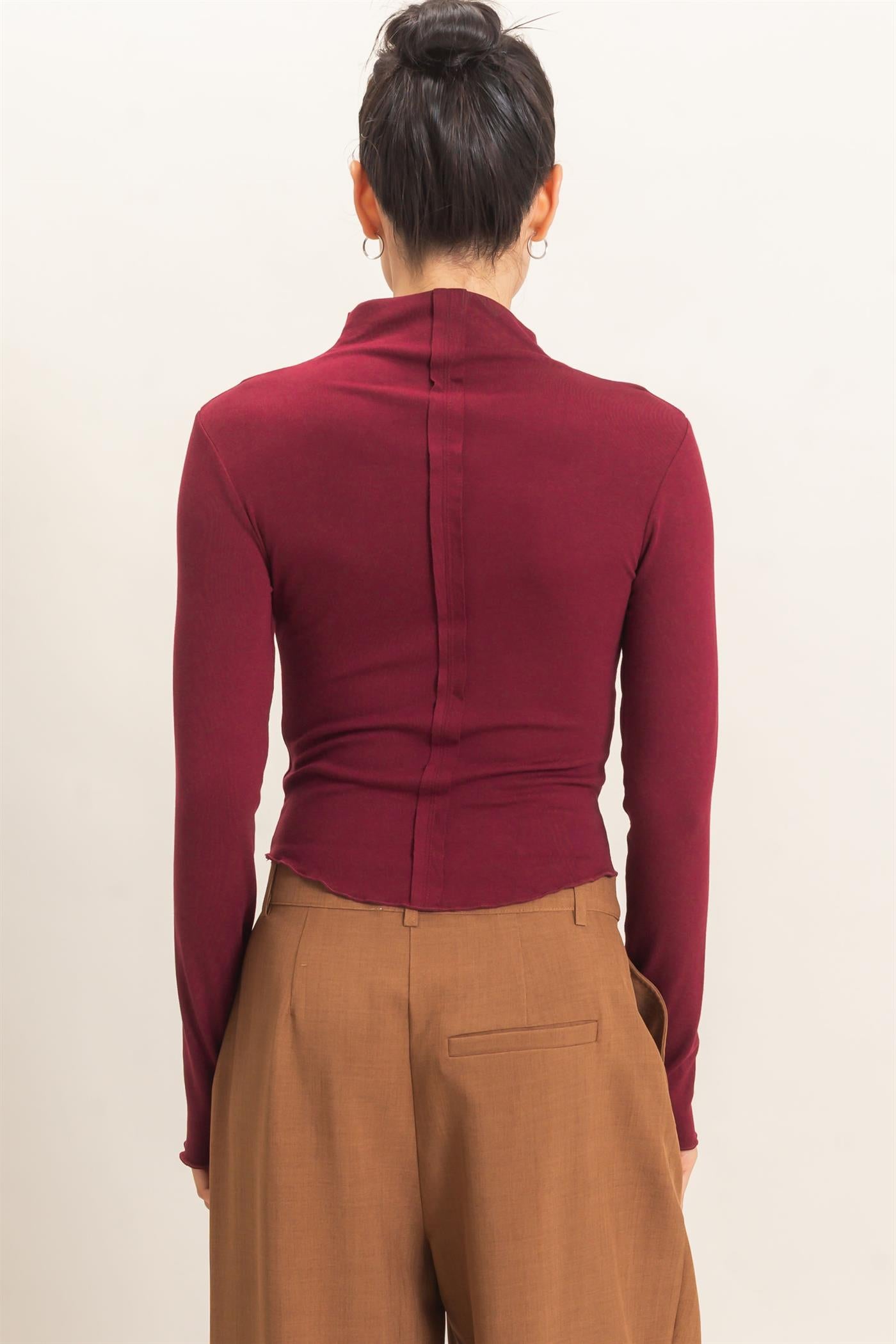 Wholesale Long Sleeve Lettuce Hem Top Clothing Tops HF26F122 BURGUNDY HYFVE