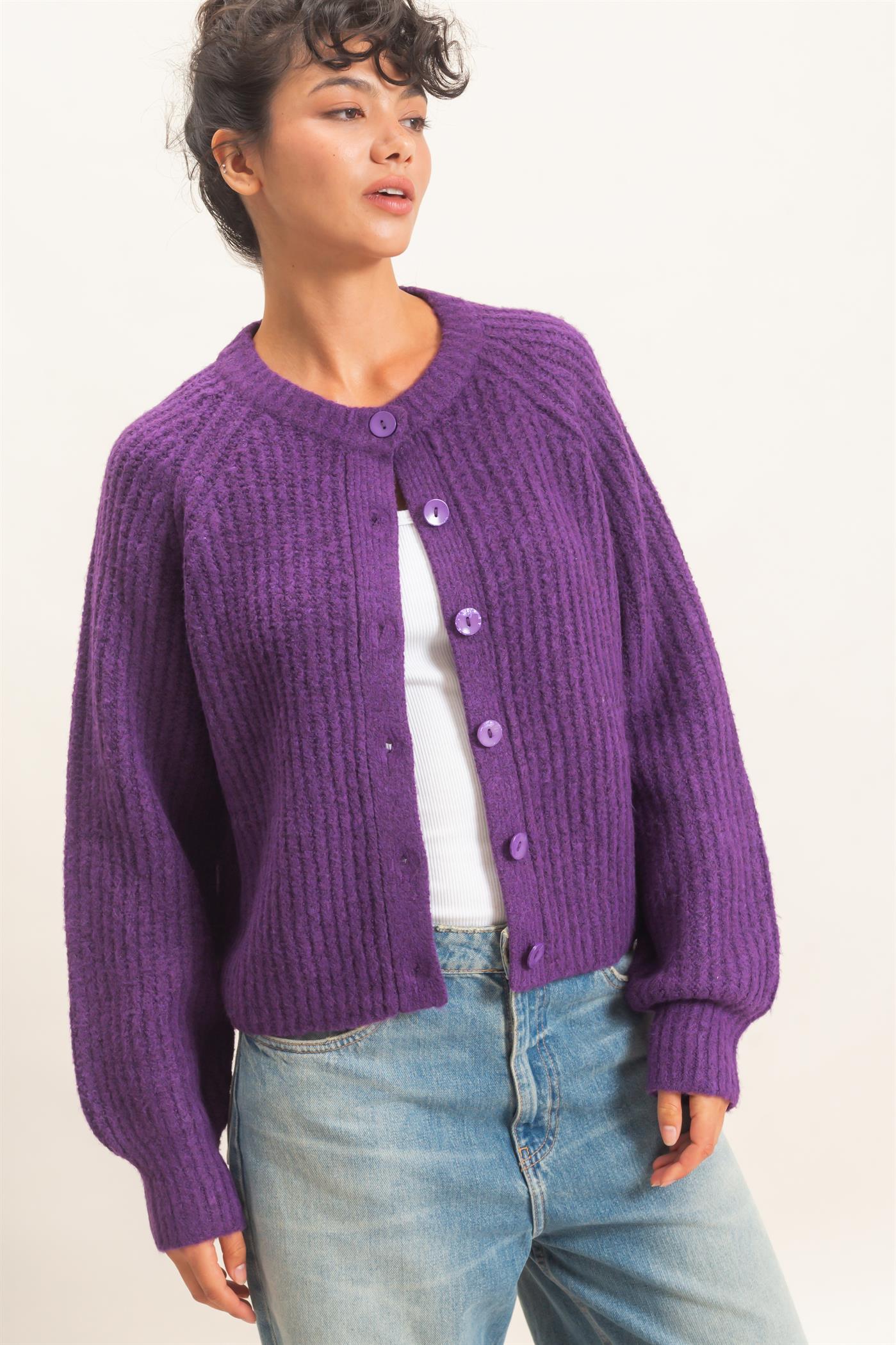 Wholesale Ribbed Button Front Cardigan Cardigans DZ26E109 PLUM DOUBLE ZERO