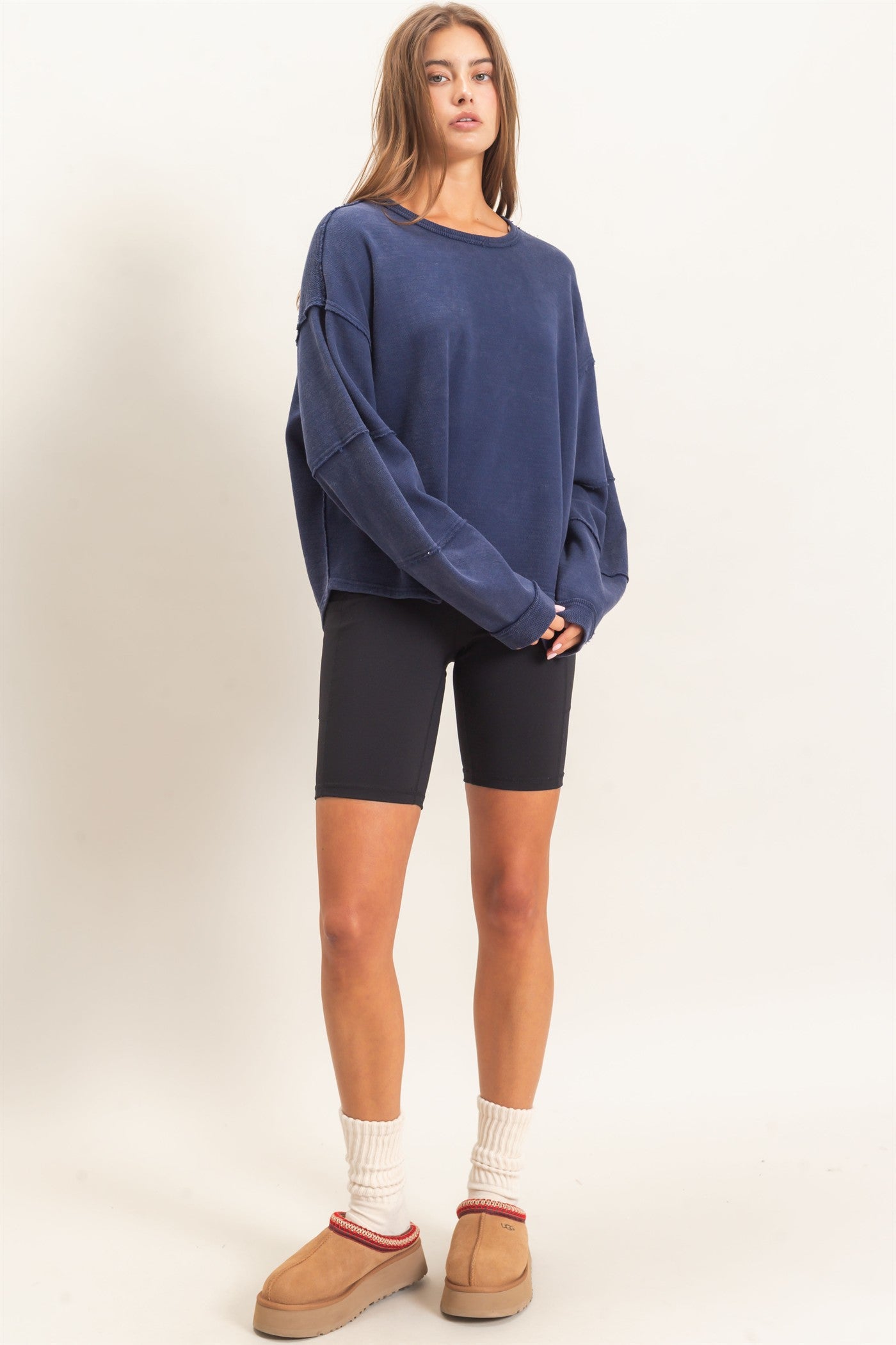 Wholesale Mineral Wash Overzised Raw Edge Crew Neck Top Clothing Tops DZ26E449 NAVY DOUBLE ZERO