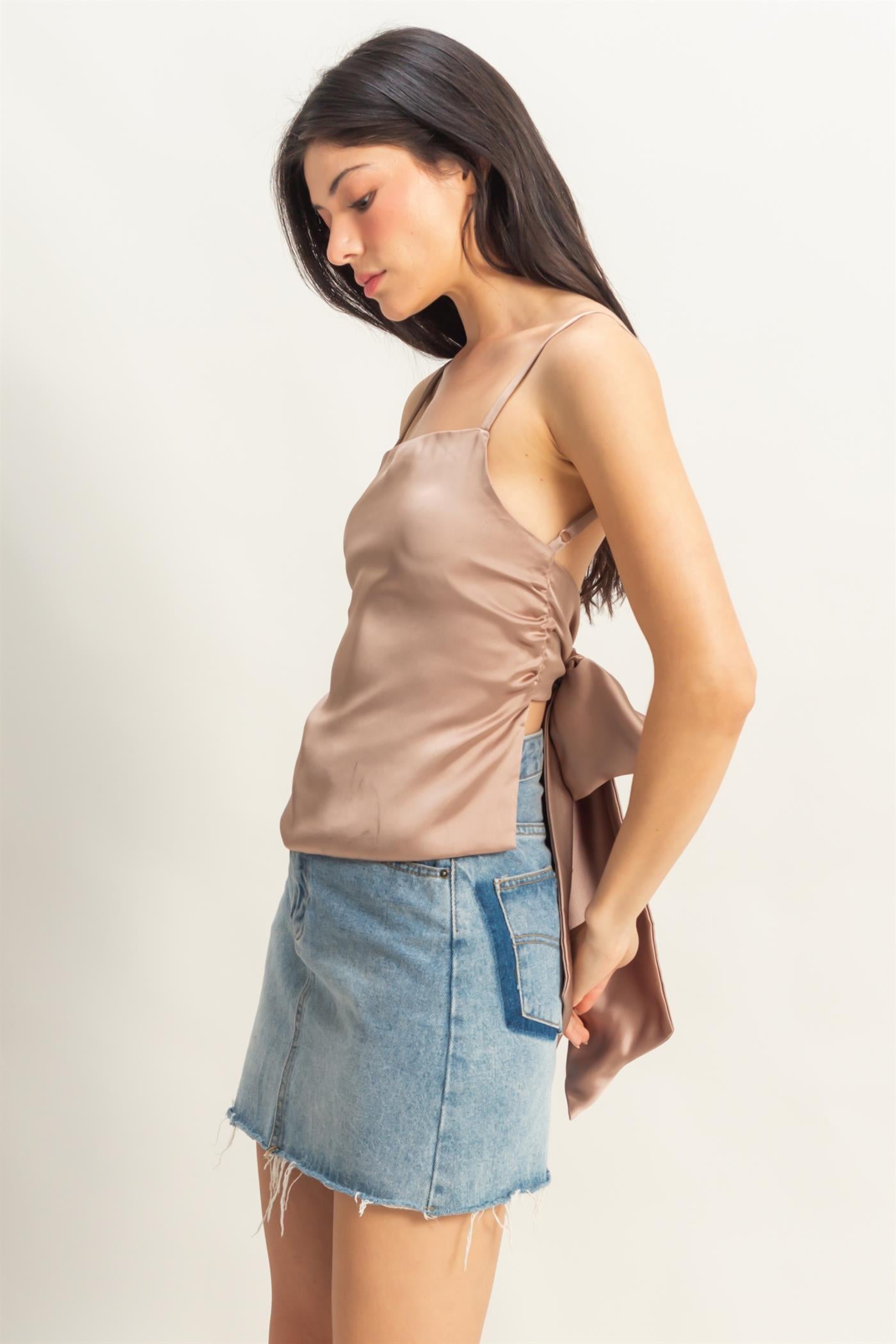 Wholesale Satin Back Tie Detail Sleeveless Top Clothing Tops DZ25C126 DARK TAUPE DOUBLE ZERO