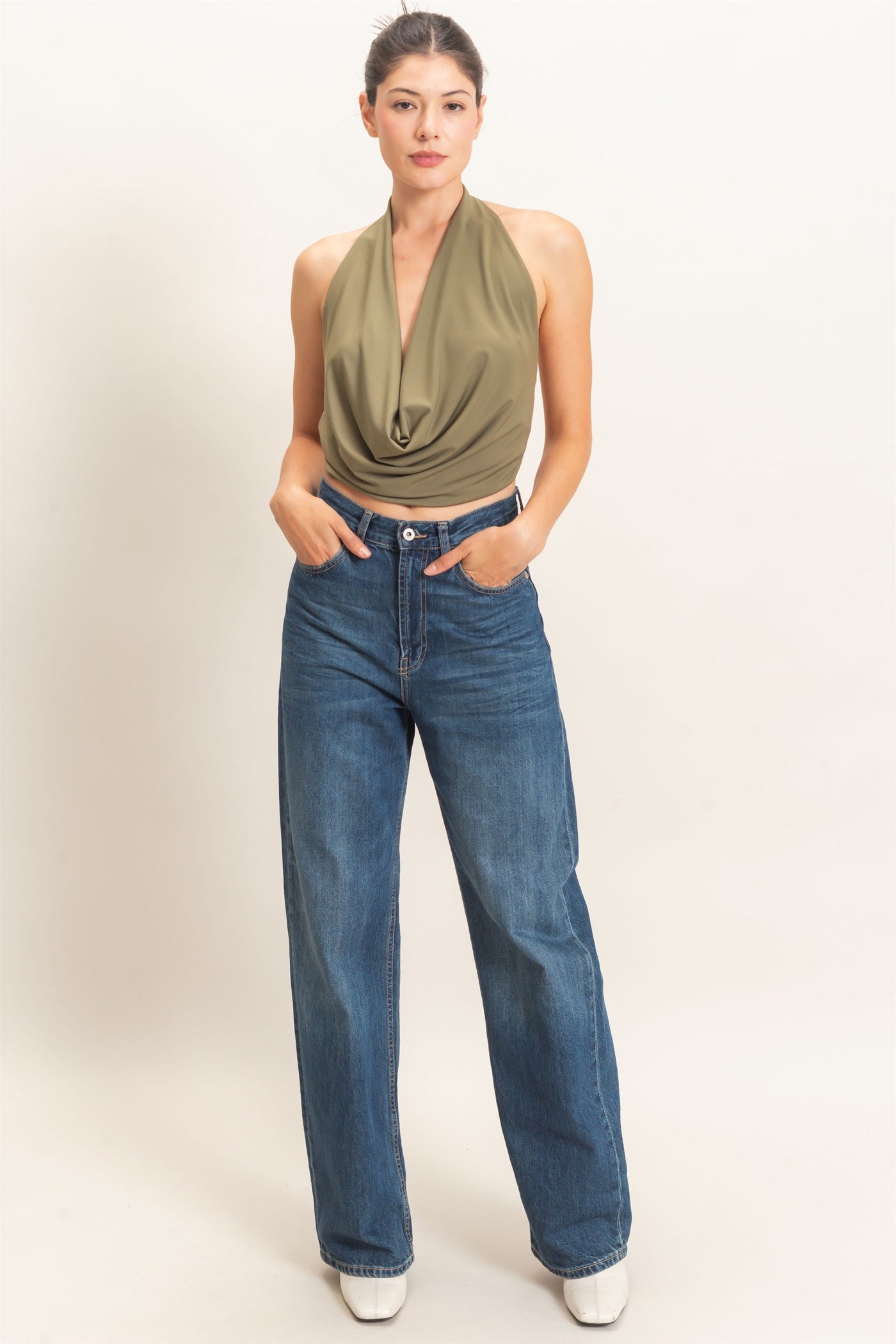 Wholesale Draped Halter Neck Top Blouses HF26F076 OLIVE HYFVE