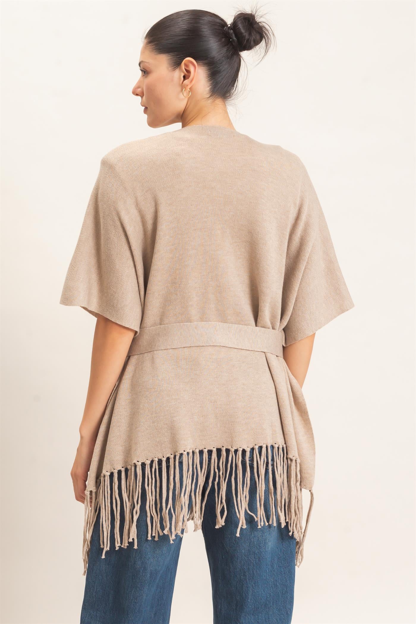 Wholesale Fringe Hem Kimono Sweater Kimonos HF26E041 CAMEL HYFVE