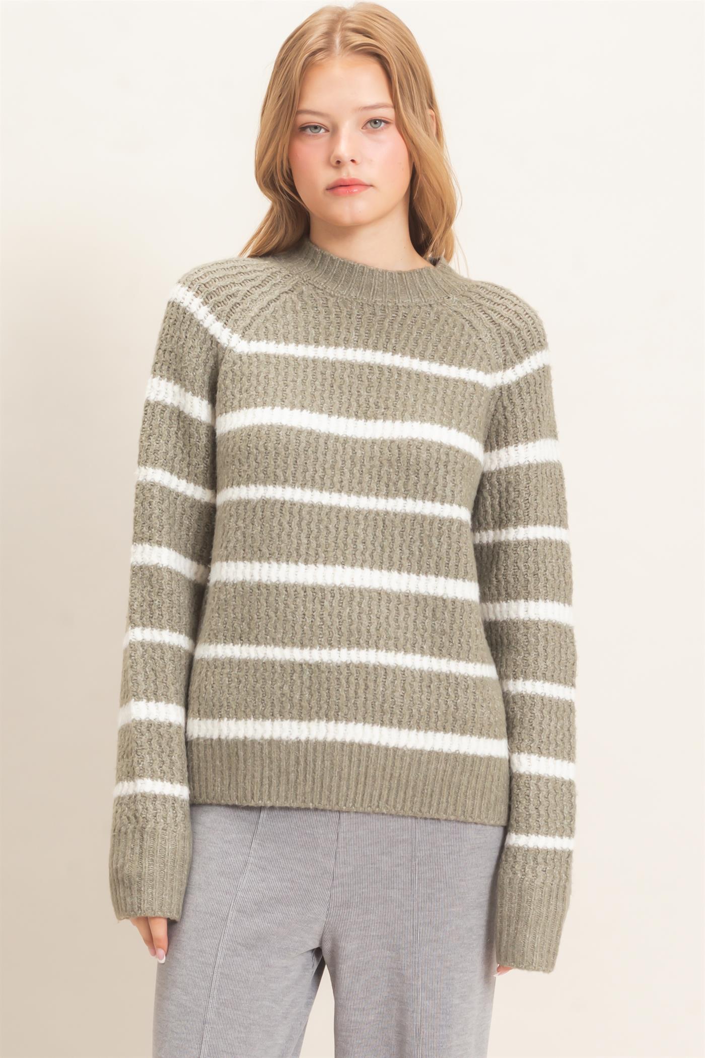 Wholesale Textured Striped Mock Neck Sweater Sweaters HF26E765 OLIVE HYFVE