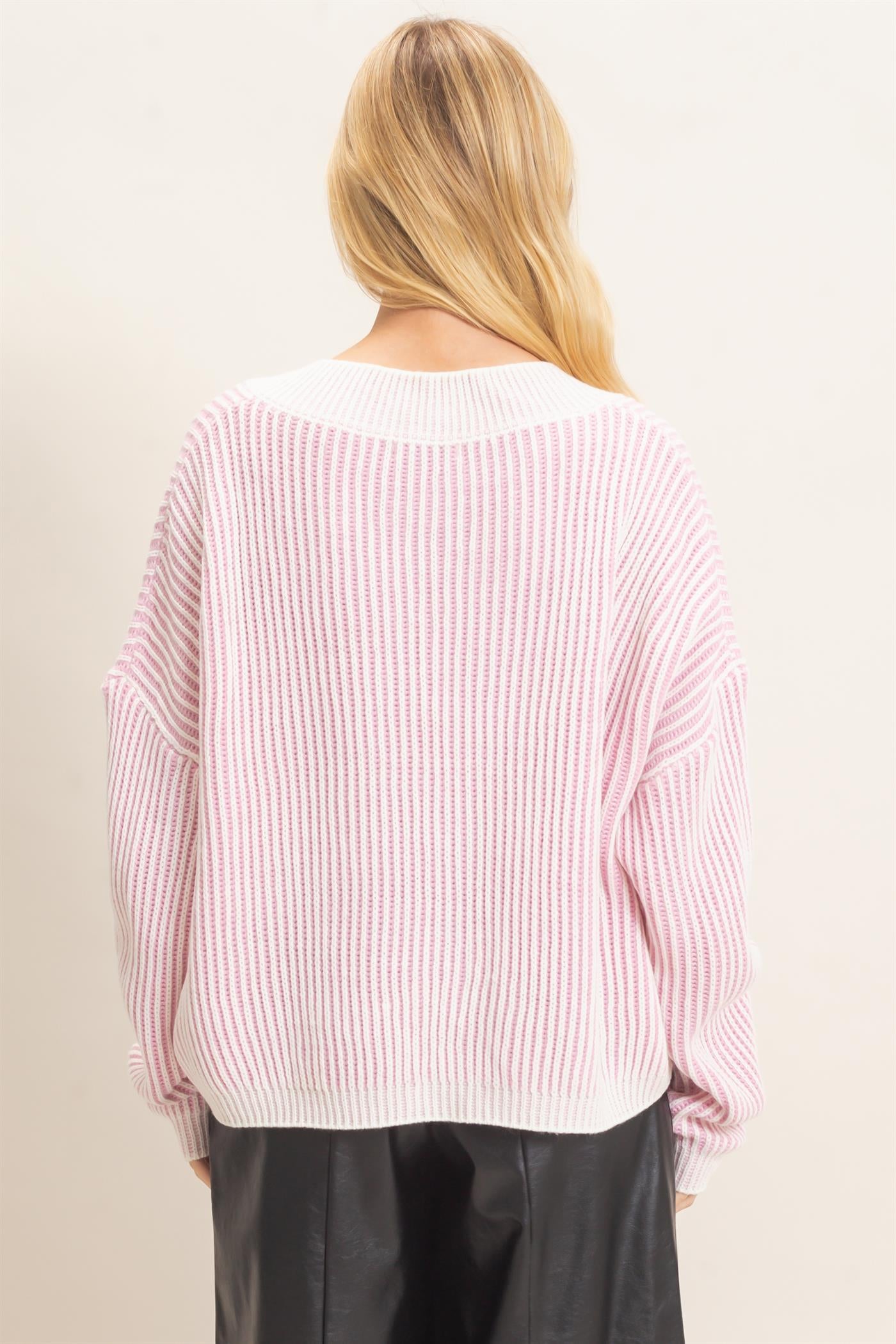 Wholesale Striped V-Neck Ribbed Sweater Sweaters HF26F202 PINK HYFVE