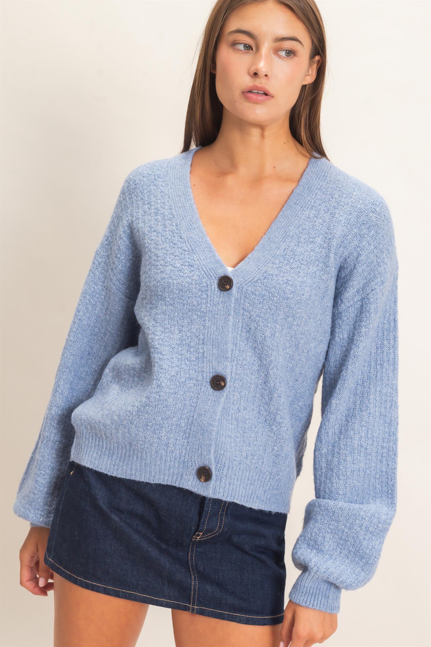 Wholesale Textured V-Neck Cardigan Cardigans DZ26E080 DUSTY BLUE DOUBLE ZERO