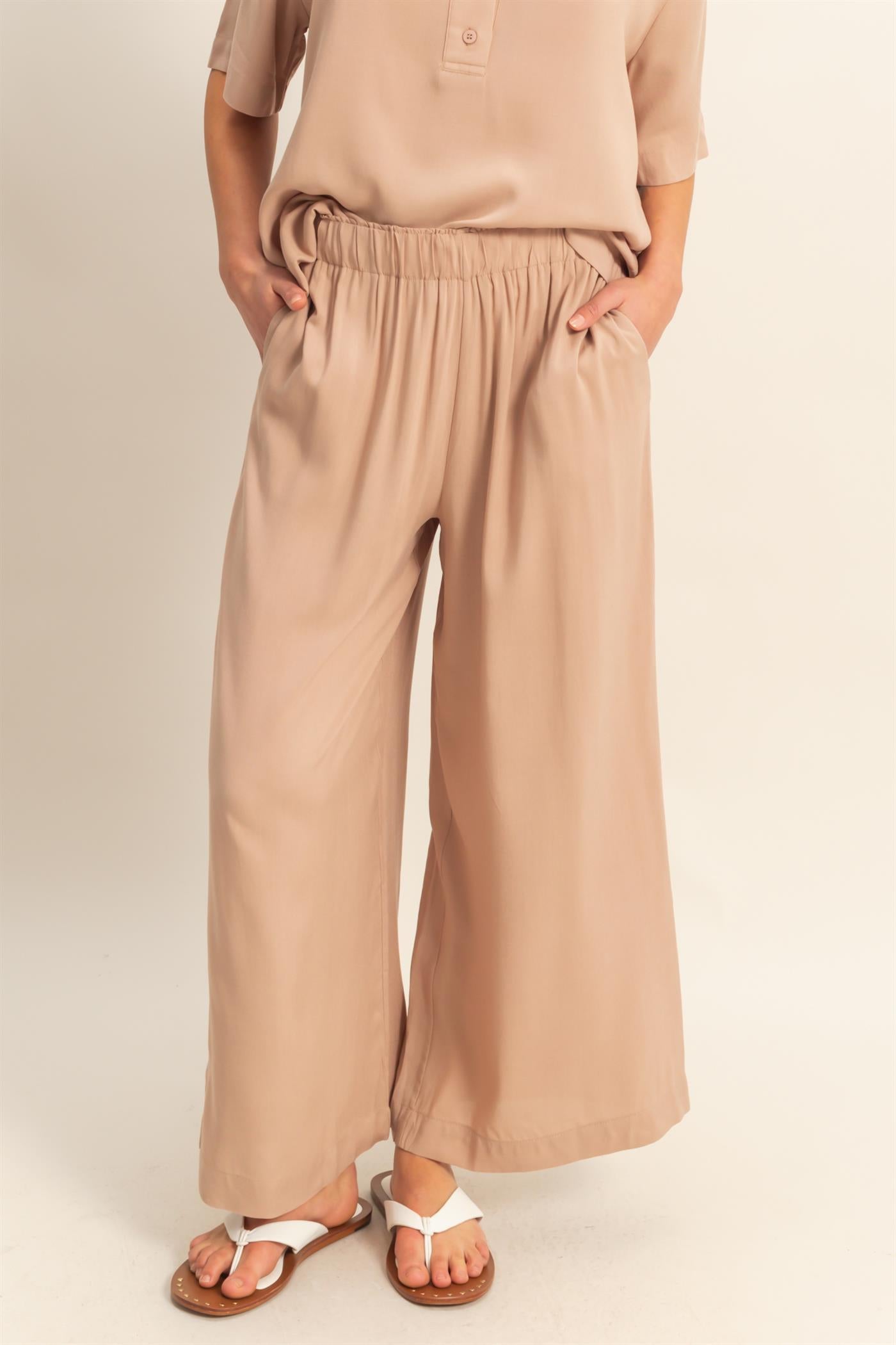 Wholesale High Waist Woven Wide Leg Pants Pants DZ25C192 DARK TAUPE DOUBLE ZERO